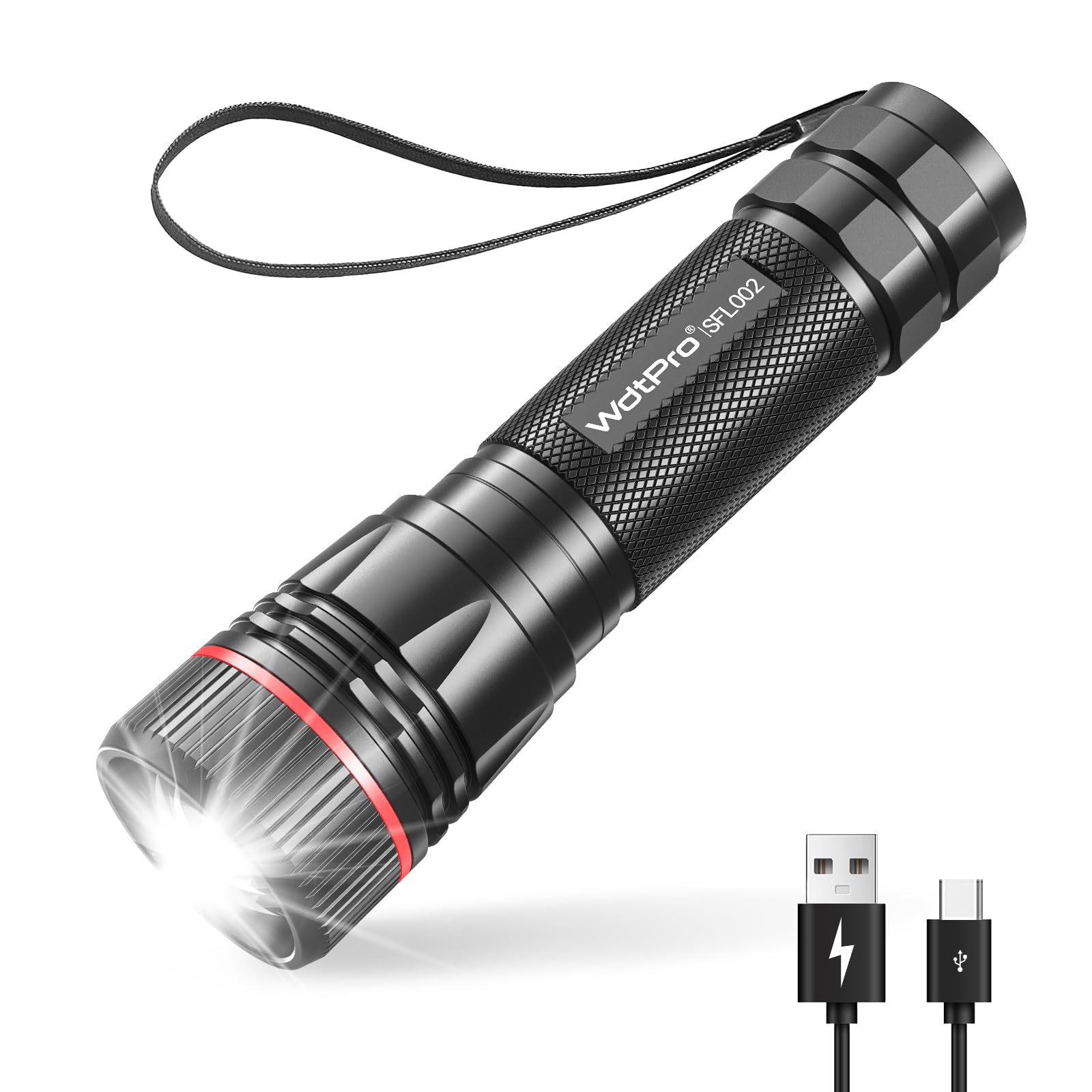 WdtPro Rechargeable LED Flashlight, 10H Runtime, Mini Tactical, Aluminum, Black, Model SFL002, 1 Pack