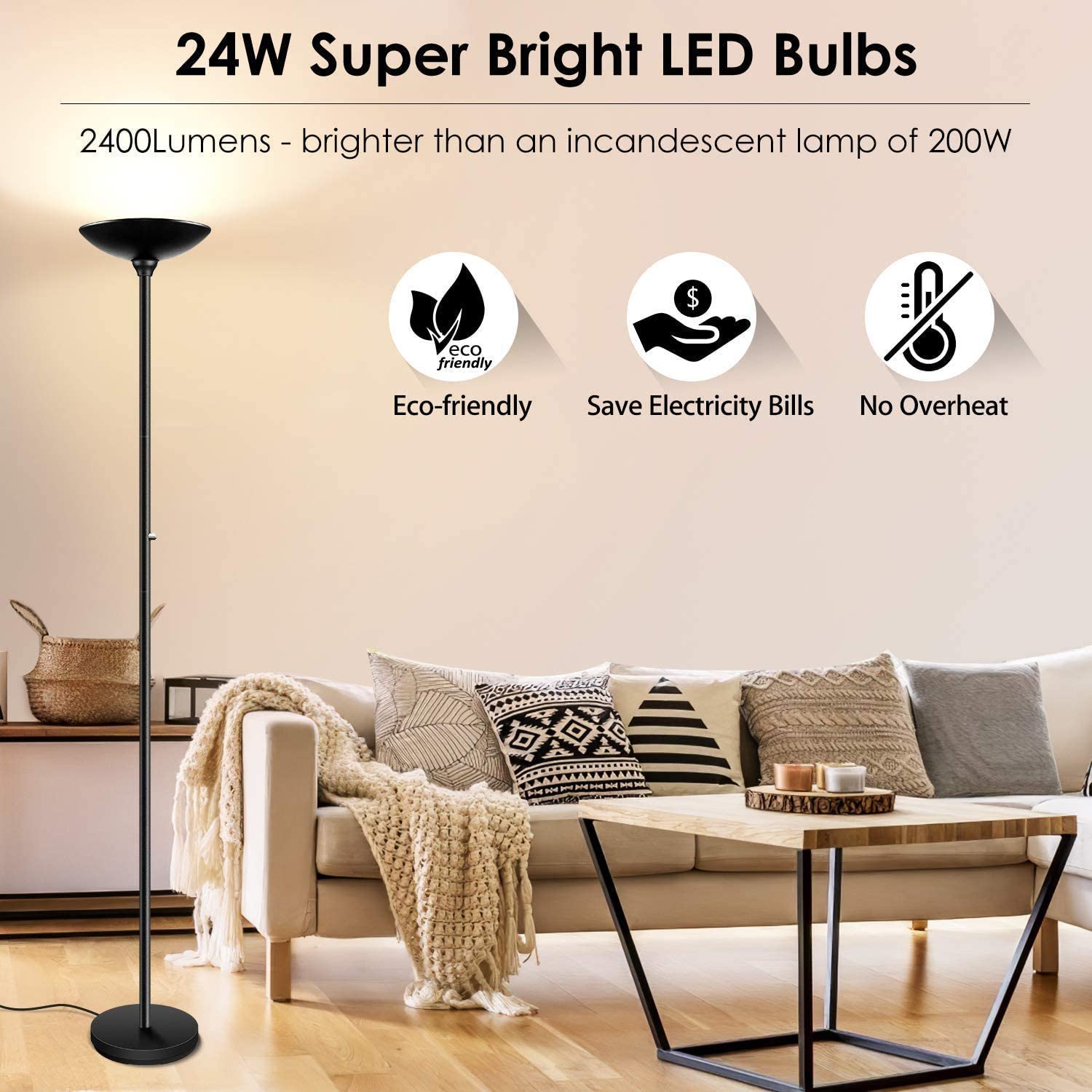 BoostArea Torchiere Floor Lamp - 24W LED, Stepless Dimmable, 70" Tall, Metal, Black, Model HD005BYH for Living Room/Bedroom