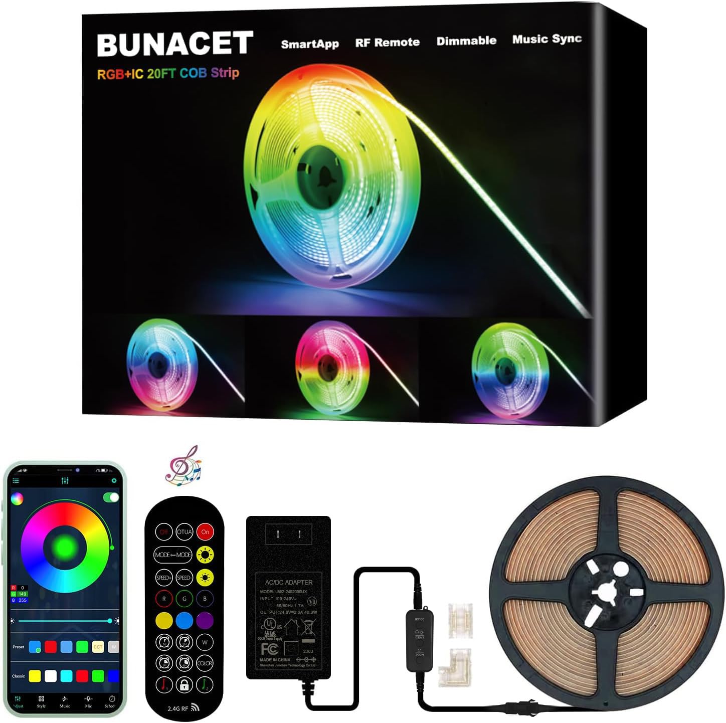BUNACET 20FT LED Strip Lights COB Smart IC, 24V RGB LED Lights for Bedroom with RF Remote Smart App Button Controller Music Sync