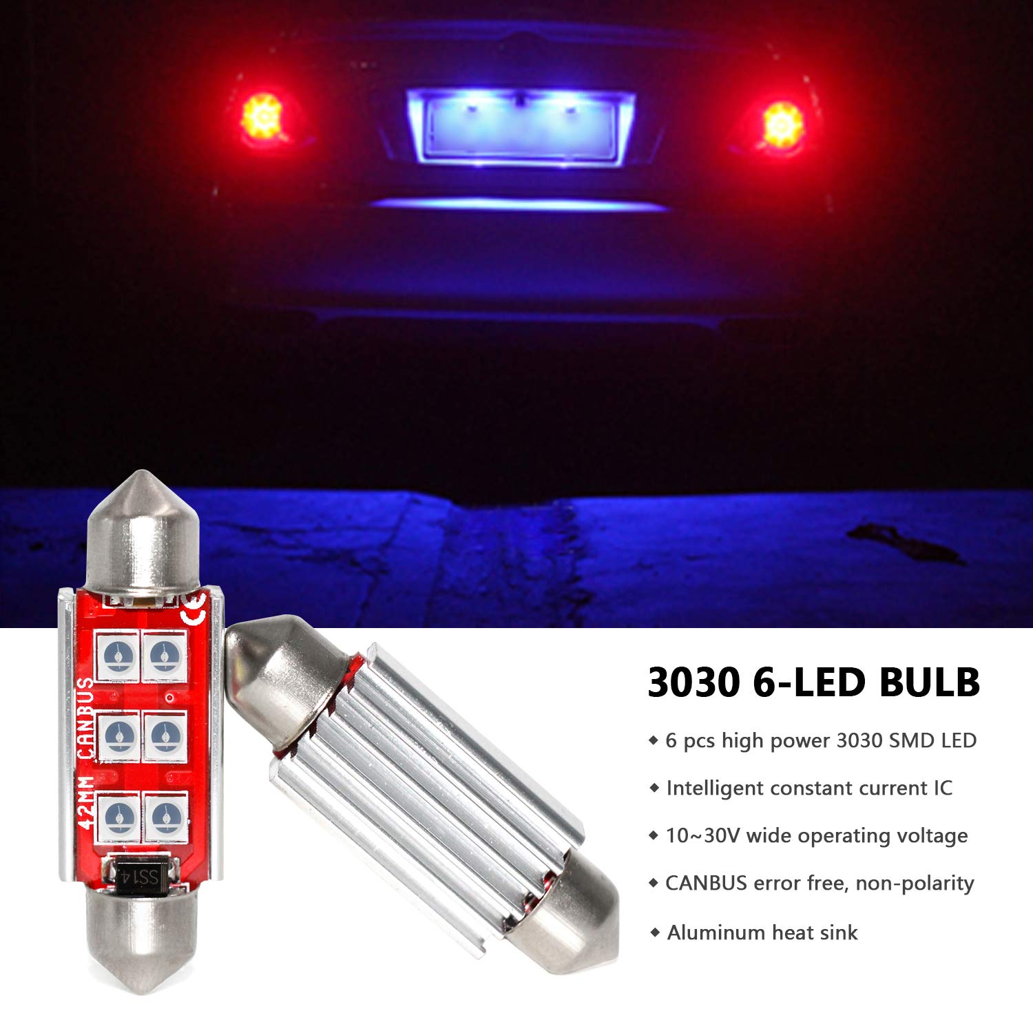 PHINLION LED Bulb 3030 6-SMD Festoon 41mm Blue (4 Pack) for Car Interior Dome Trunk Courtesy Light