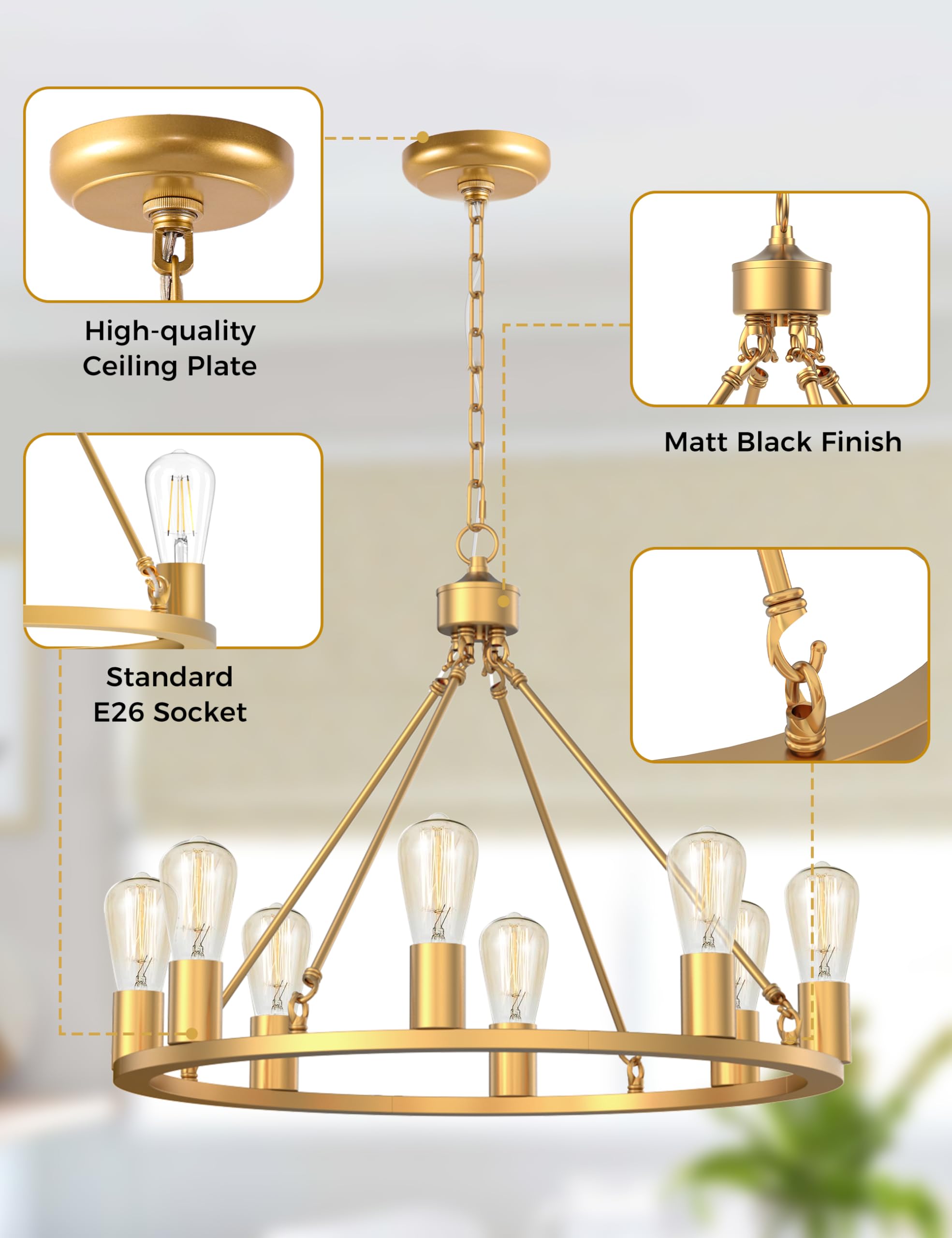 L LOHAS LED Gold Farmhouse Chandelier, 8-Light, 24" Adjustable Metal Fixture for Dining Room and Kitchen Island