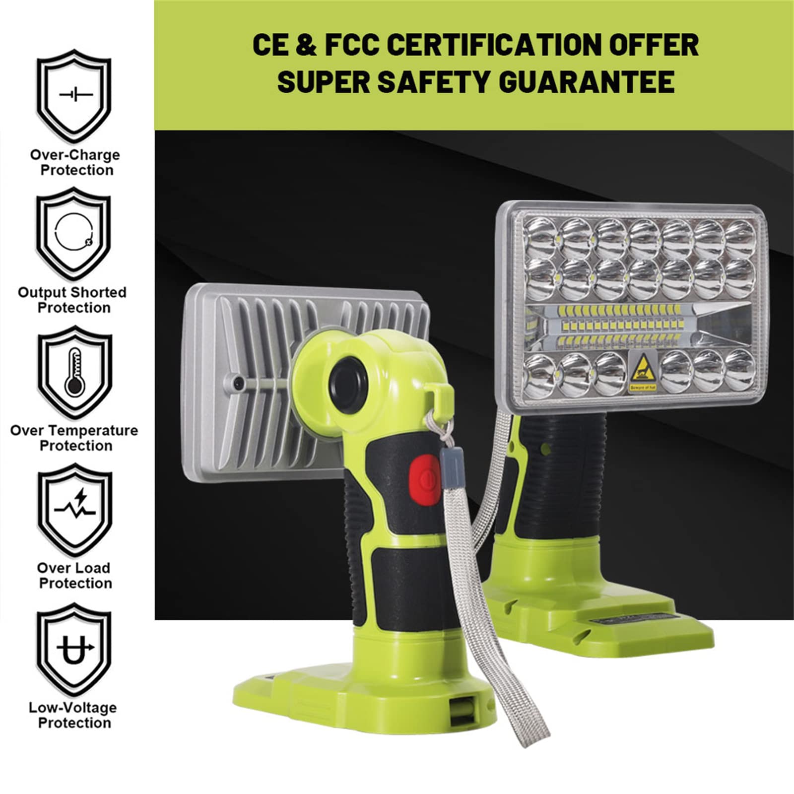 Hiesuan Work Light For Ryobi 18V Battery, Flashlight 18V, 2000Lm Led Flood Light Outdoor With 3 Modes Lighting For Jobsite, Camp