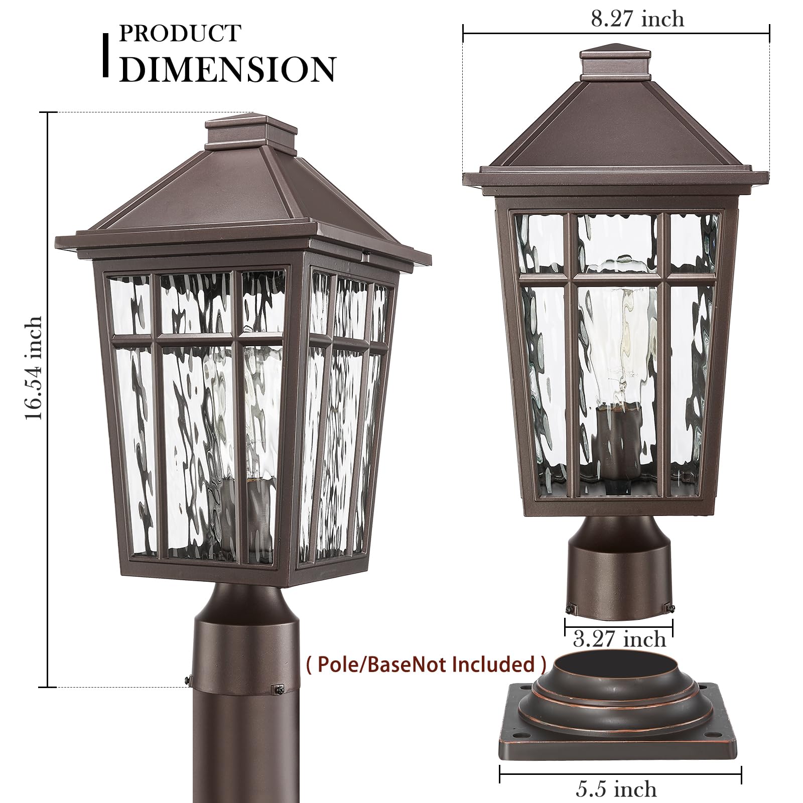 Darkaway Large Outdoor Post Lights Lamp Post Light Fixture, 17Inch Waterproof Aluminum Housing With Water Ripple Glass, Fence Po