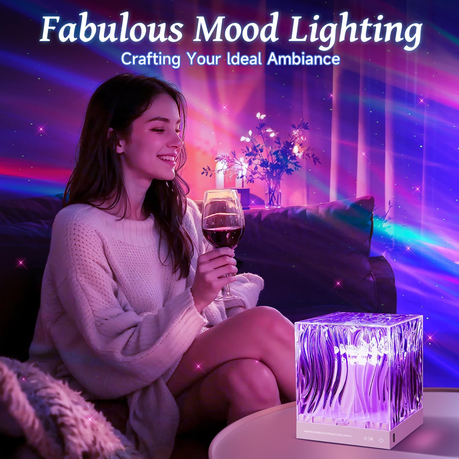 One Fire Northern Lights Projector - 18 Colors, 10-Way Dimmable, Remote & Timer, White, Model WH-E22, Ambient Lighting for Bedroom Decor