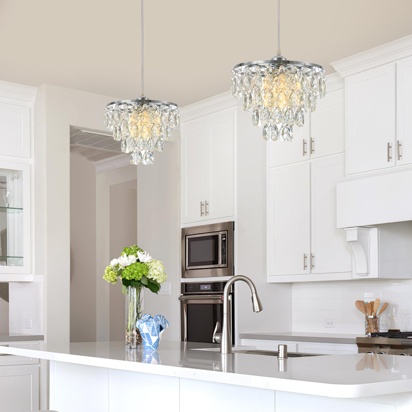 Cxgleaming Crystal Pendant Light Silver Hanging Chandelier Height Adjustable Hanging Light Fixture For Kitchen Island Hallway Be