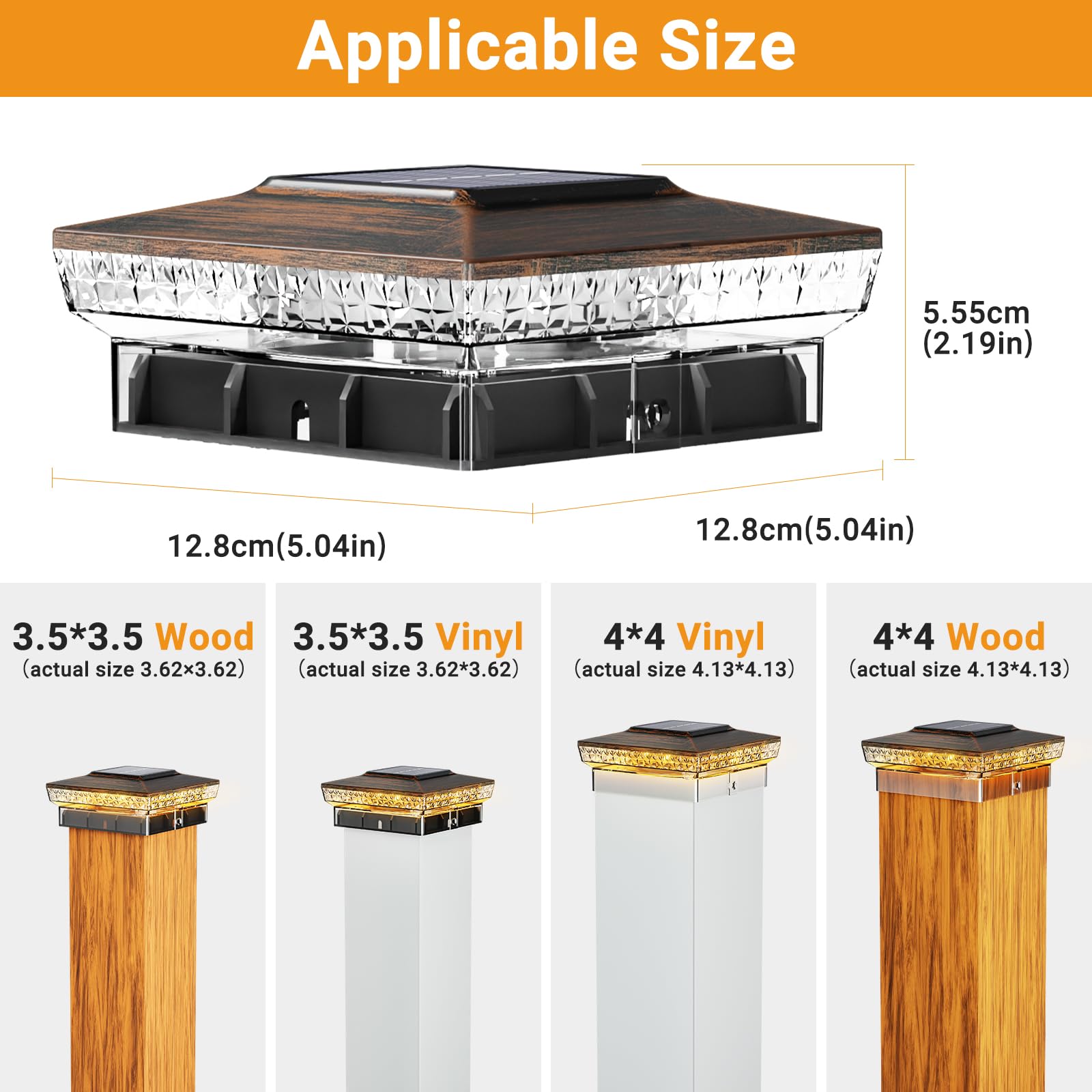 btfarm Solar Post Cap Lights - 16 LED, 2 Modes, Waterproof, 4x4/3.5x3.5, Copper, Model BT4162C, 1 Pack