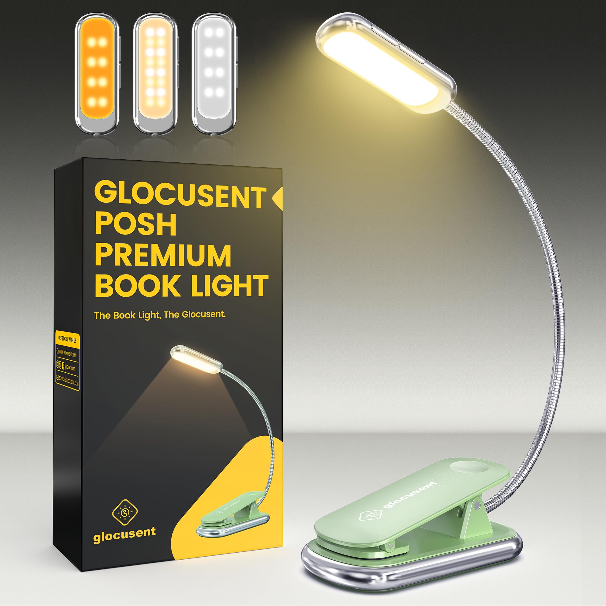 Glocusent enhanced Book Light, 16 LED, Rechargeable, 1800K, 3 Colors, 5 Brightness Levels, 29.5x4.2x3.2