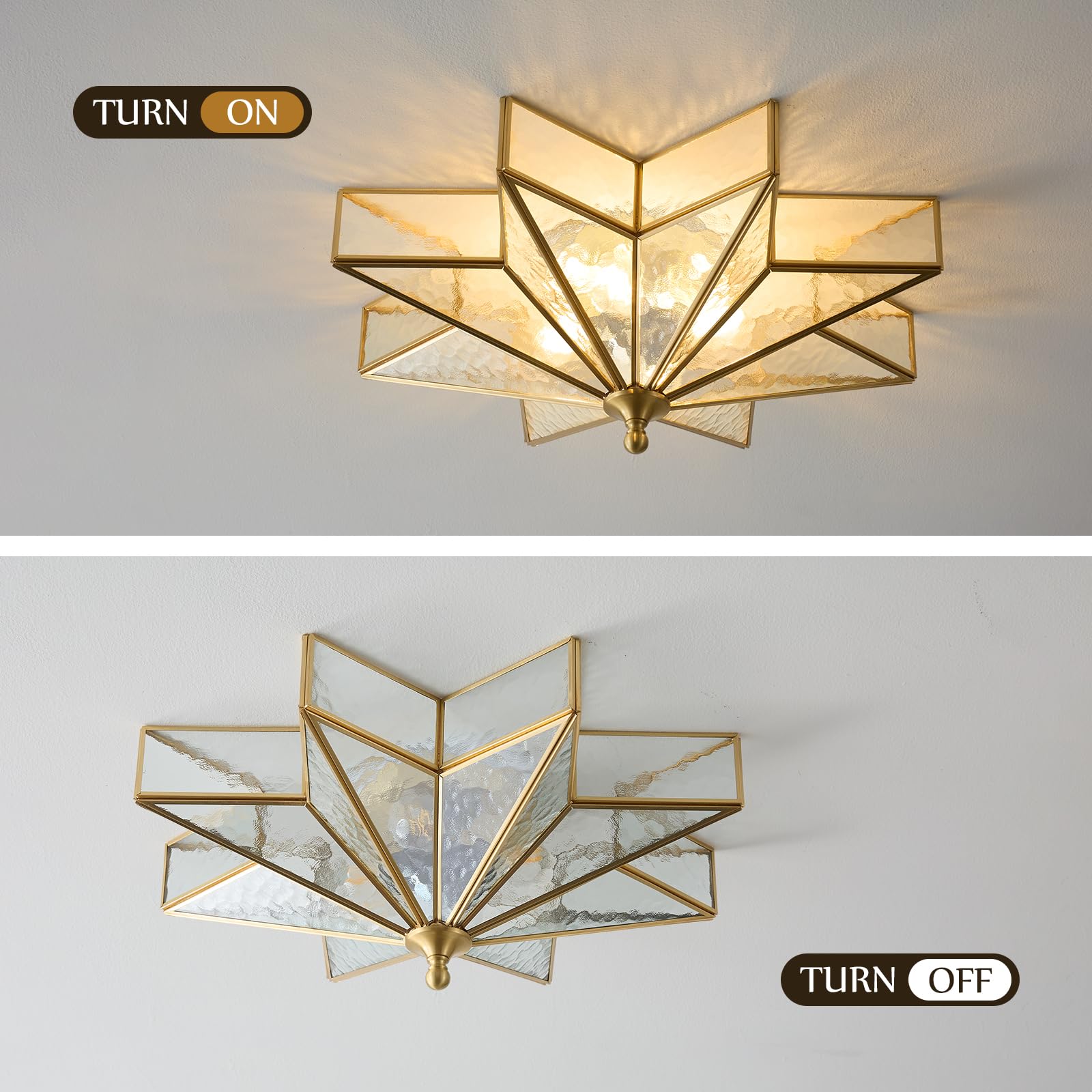 Brass Star Flush Ceiling Light - 19.5 Inch Gold Hammered Glass Large Mount Fixture - Art Deco Mid Century Vintage Modern Moravian Lighting Lights For Bedroom Dining Entryway Foyer Living Room Fixtures