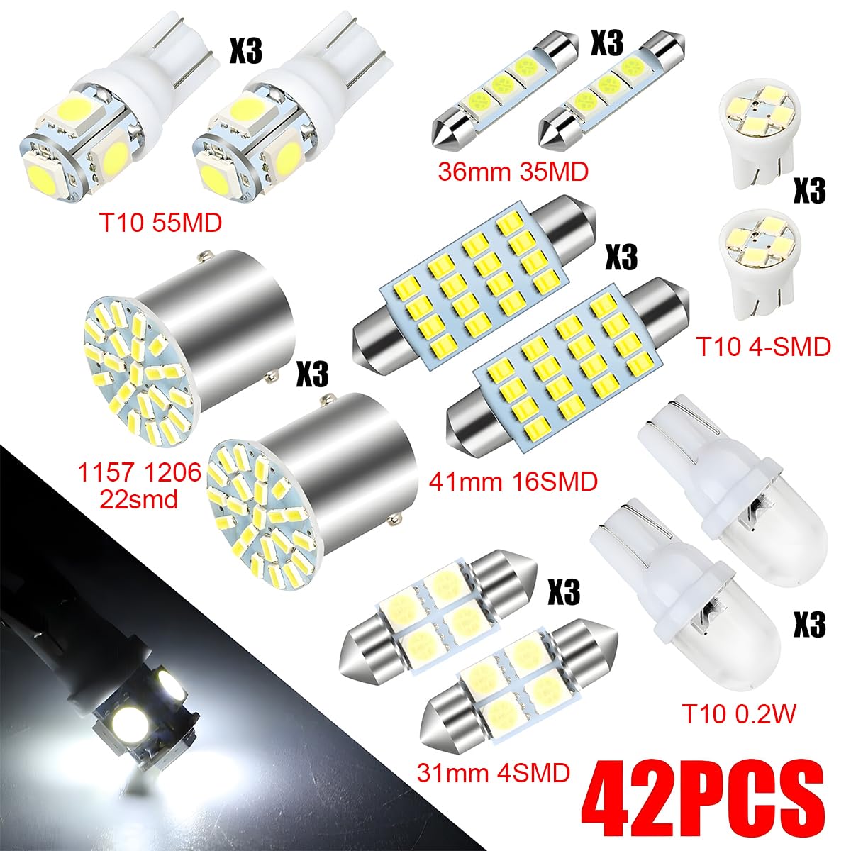 HIPOPY Car LED Lights Kit, 42 Pcs Auto Interior Bulbs, 6000K, T10 for Accessory, Brake, License Plate, Map, Parking Lights