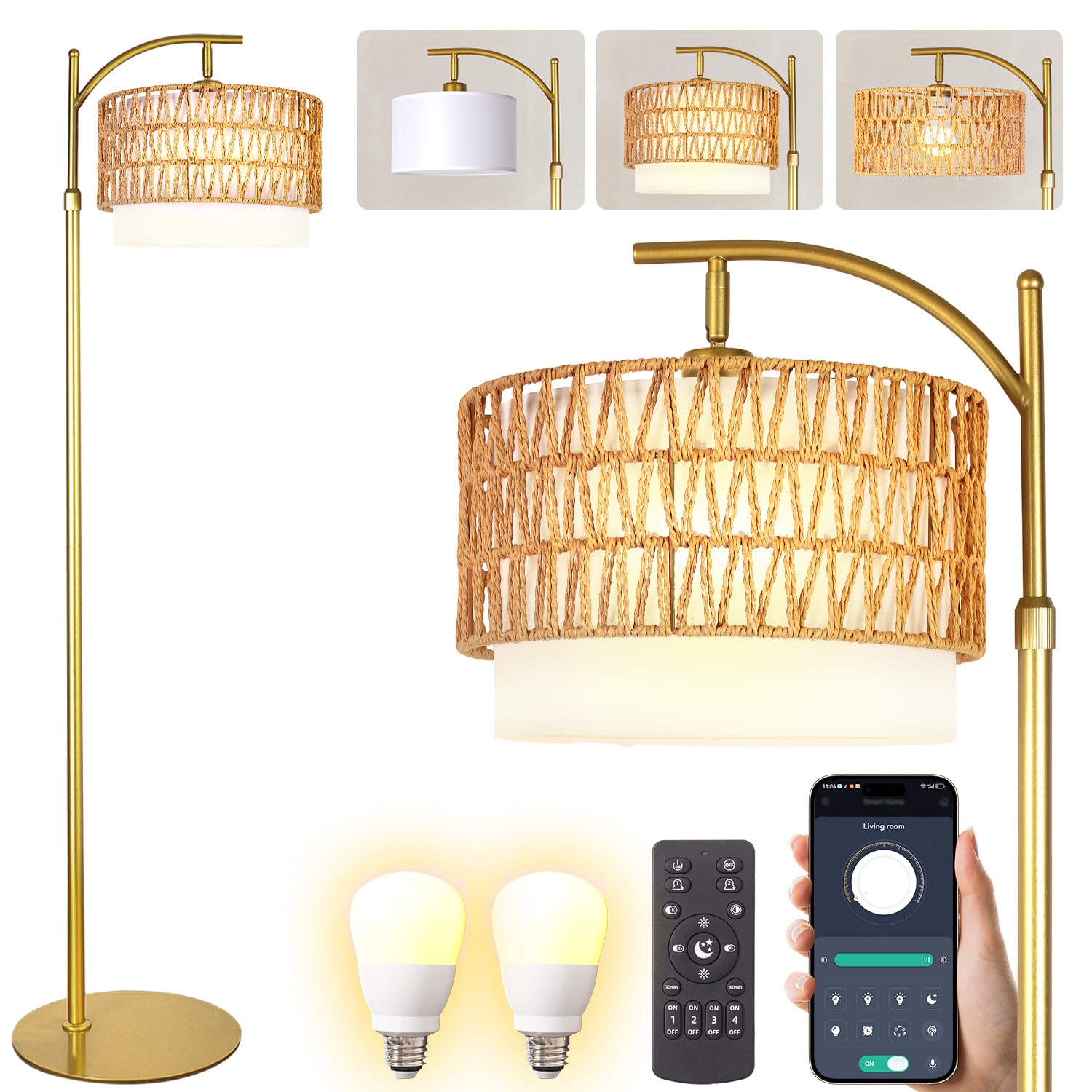 DRAWNCAT Bohemian Rattan Floor Lamp for Living Room - Golden Arc Design  12W LED (1 in use + 1 Spare)  Remote & Dimmable 3 - Color Temp  Tall Standing Lamp