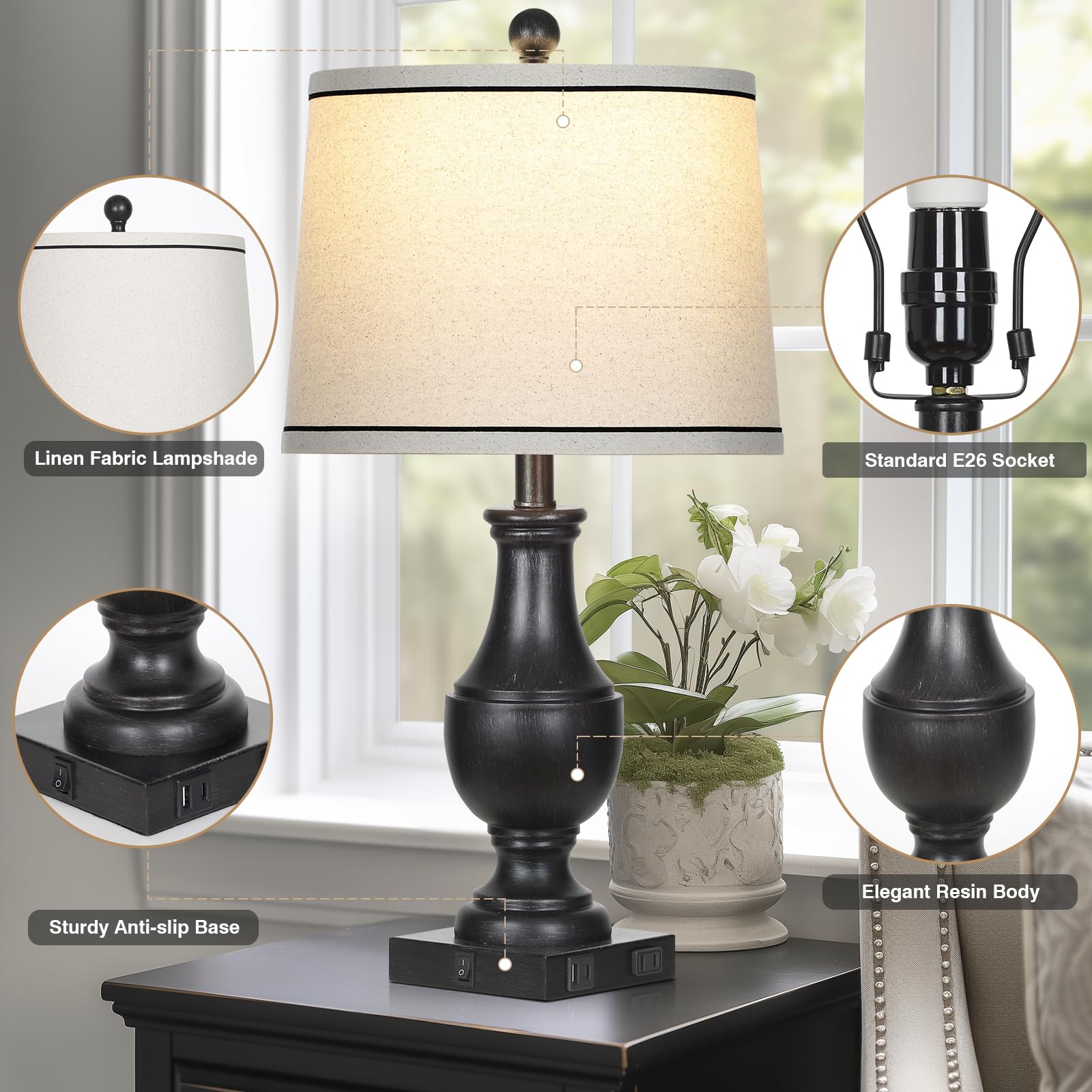 Rinweey Table Lamps For Living Room Set Of 2, Farmhouse Vintage Table Lamp With Usb A+C Charging Ports & Ac Outlet, 25'' Black R