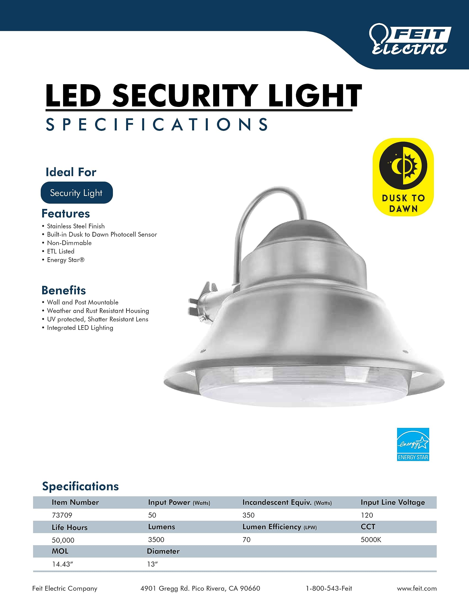 Feit Electric - 3500 Lumens, Dusk To Dawn Led Stainless Security Outdoor Light, 5000K Cct Daylight, Wall/Post Stainless, 73709