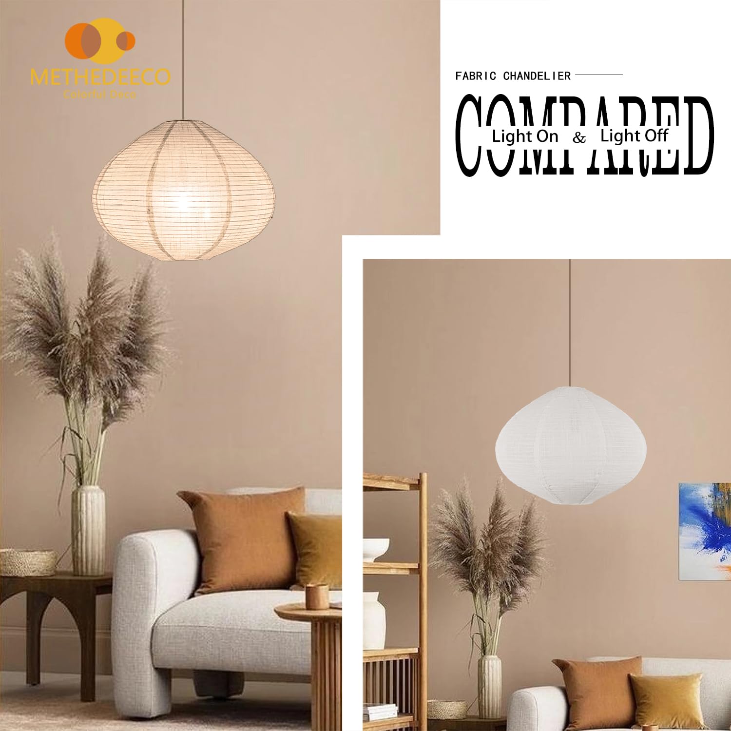 Methedeeco 2Pcs 16-Inch Handmade Linen Pendant Light Shades Fabric Lampshade, Minimalist White/Beige, Foldable Hanging Lanterns For Bedroom, Living Room, Kitchen Showcase Window House Gift Idea