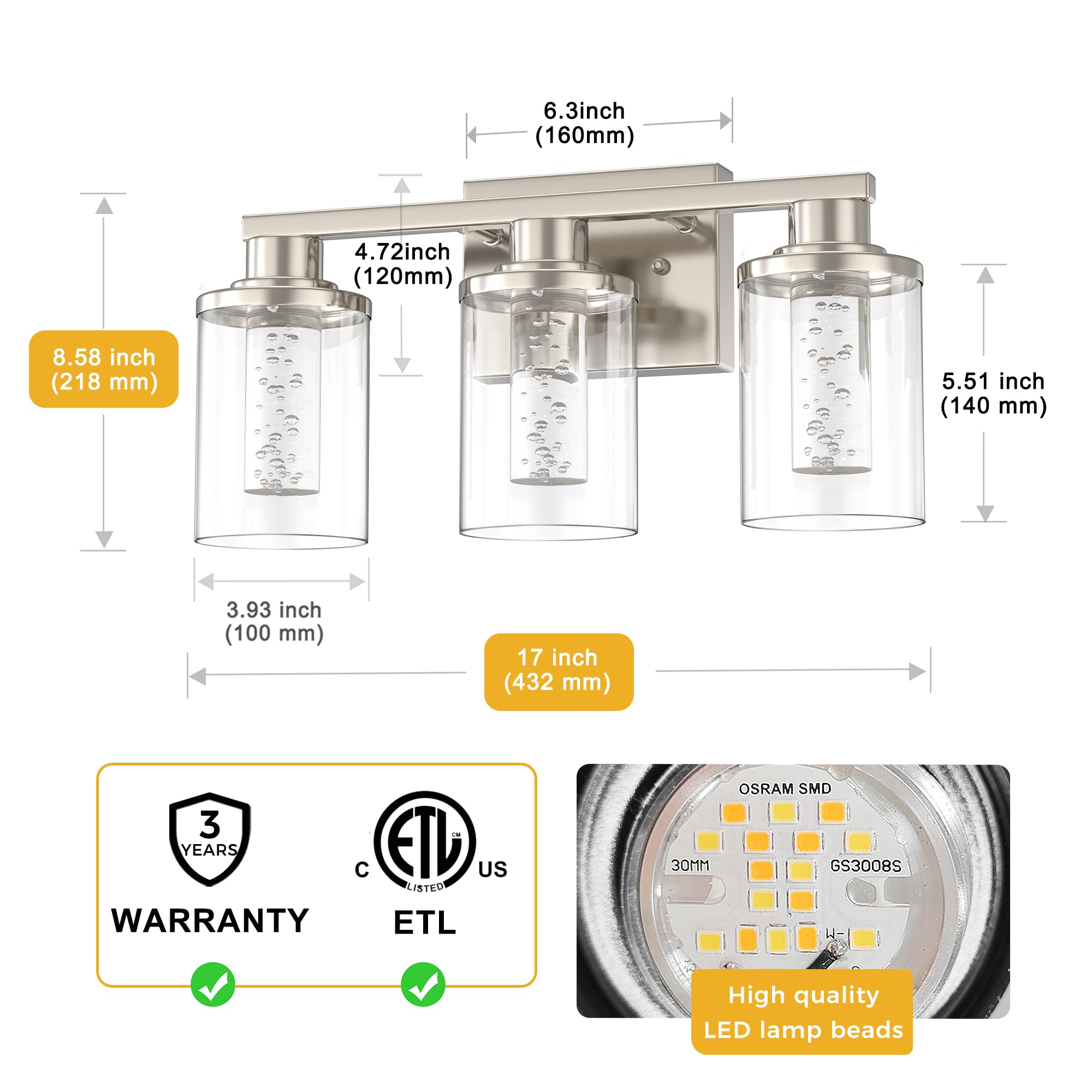 L LOHAS LED 3-Light Bathroom Light Fixtures, Dimmable Crystal Vanity Lights with Clear Glass Shade, Nickel Finish