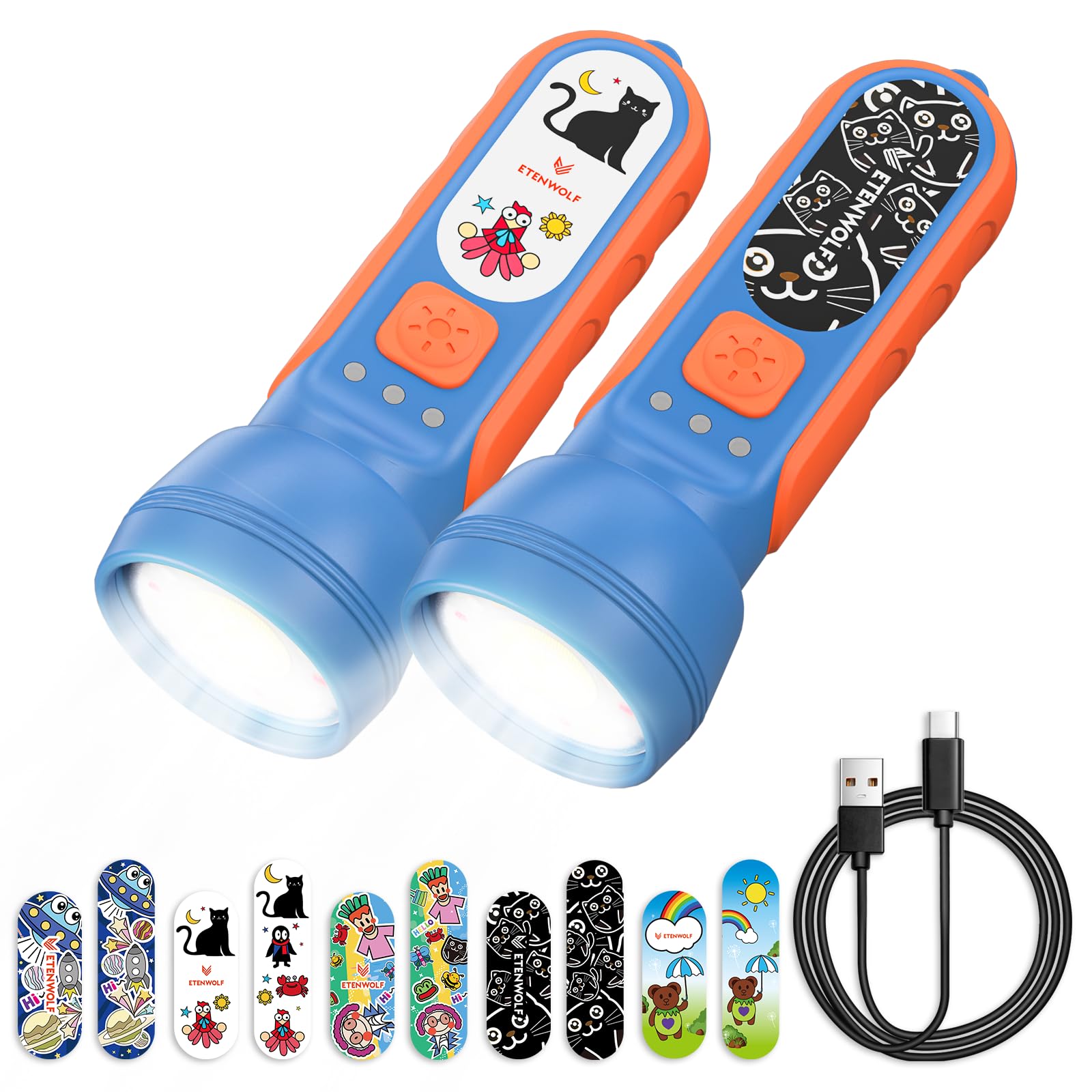 ETENWOLF L1 Rechargeable Flashlight for Kids(2-Pack) LED Flashlight with Fun DIY Stickers  6 Light Modes  Adjustable Brightness  1500mAh  IPX5 Waterproof Flashlight for Camping  Home & Emergency