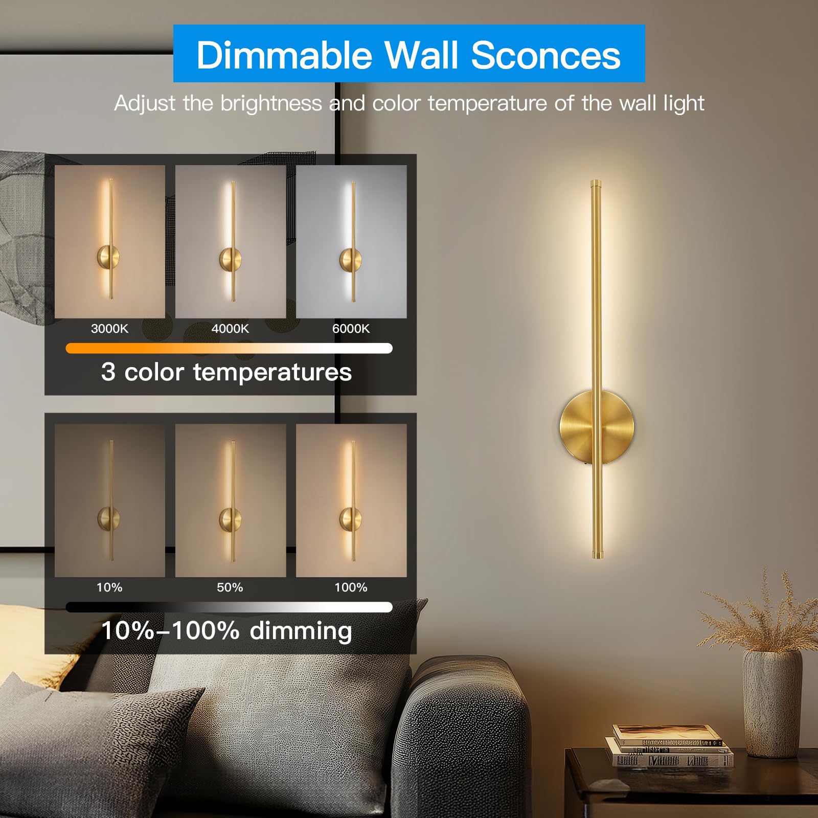 TaoFiaCo Battery Operated Wall Sconces Set of 2, Dimmable Metal Light Decor, 24 Inch, Gold, Model DK-US303