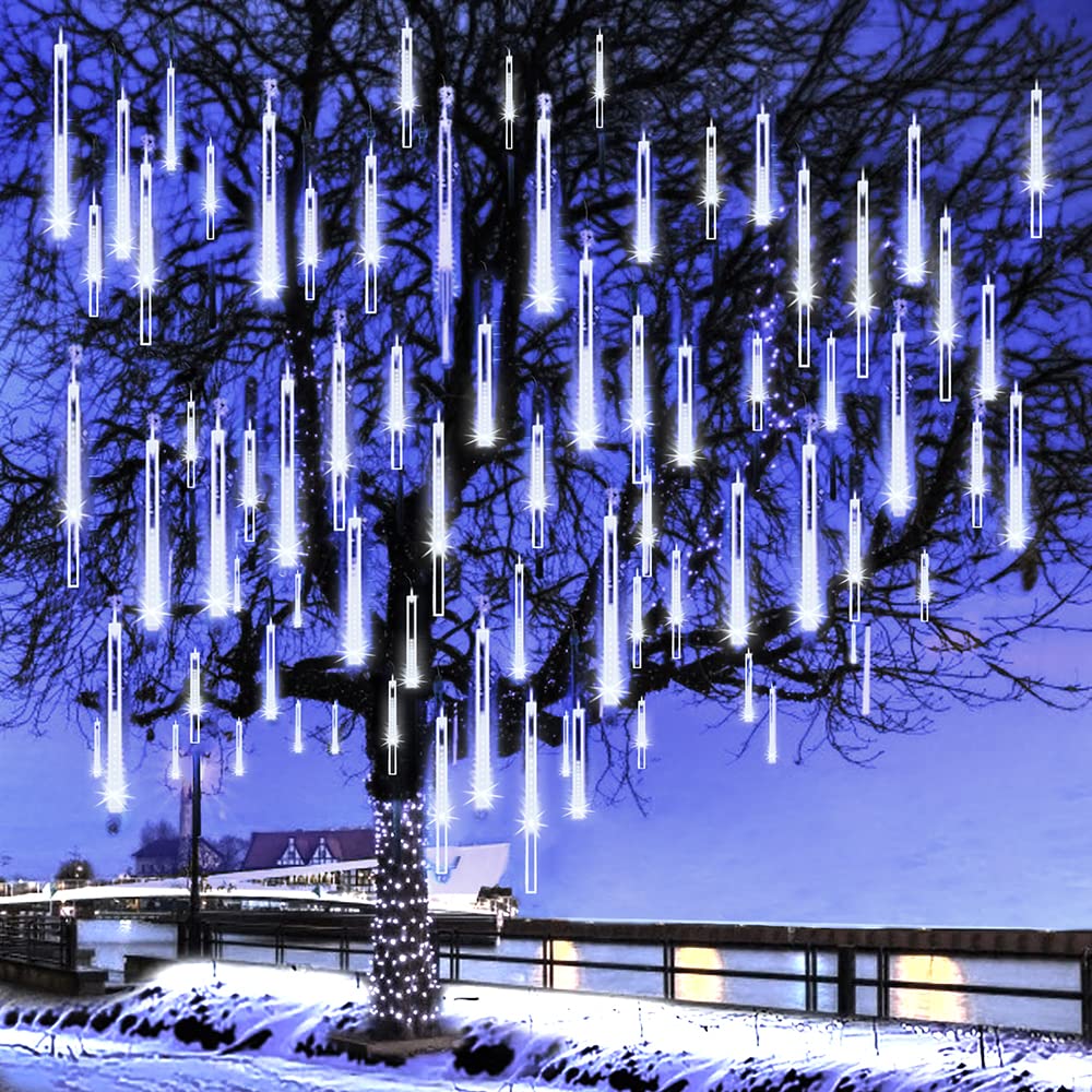 Kordain Meteor Shower Christmas Lights - 12In 8 Tubes, 144 Led, White, Ul Plug, 26.9Ft For Holiday Party Decoration
