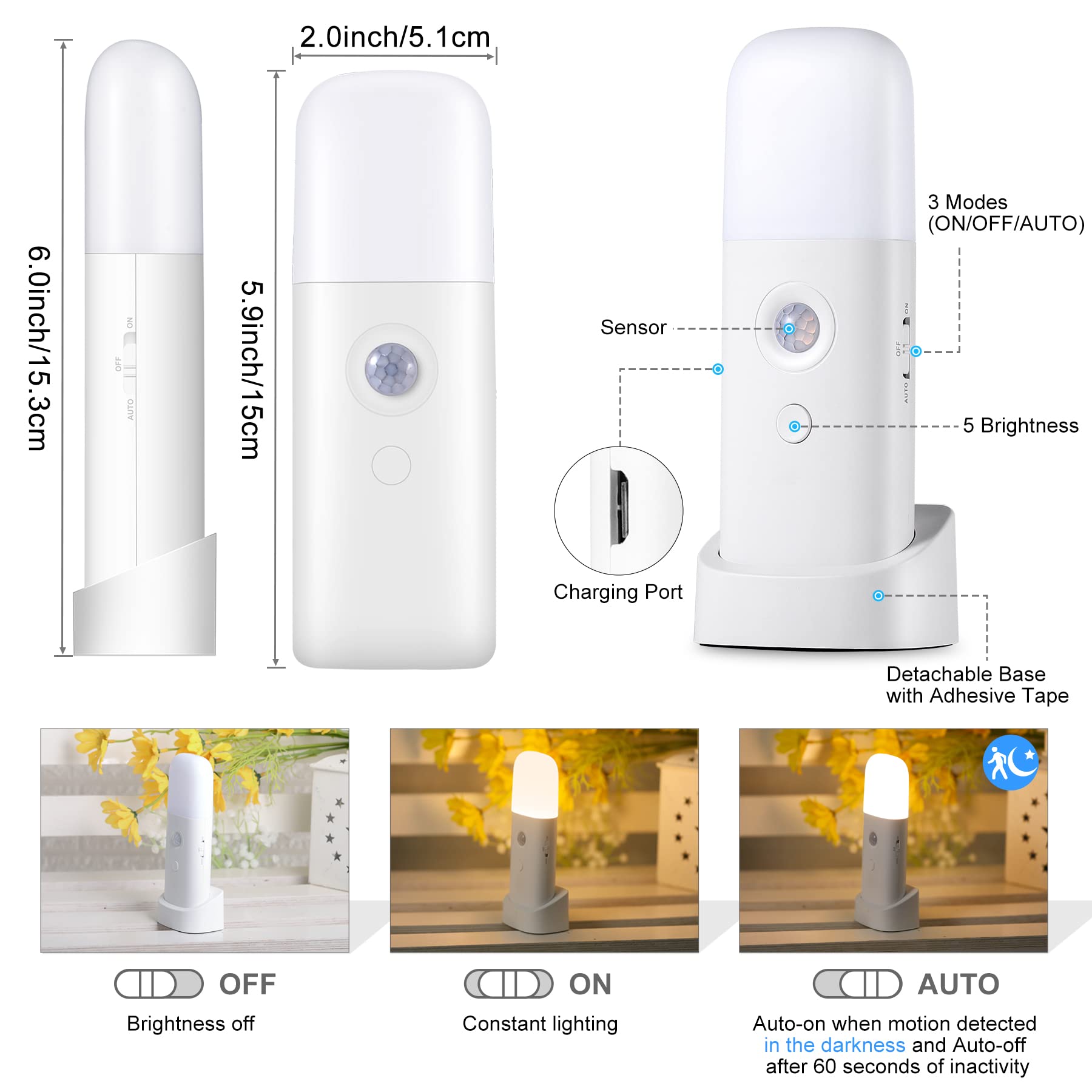 Yelko Motion Sensor Night Lights, Rechargeable Nightlights Battery Operated, Dimmable Table Lamp With 5 Levels Brightness Adjust