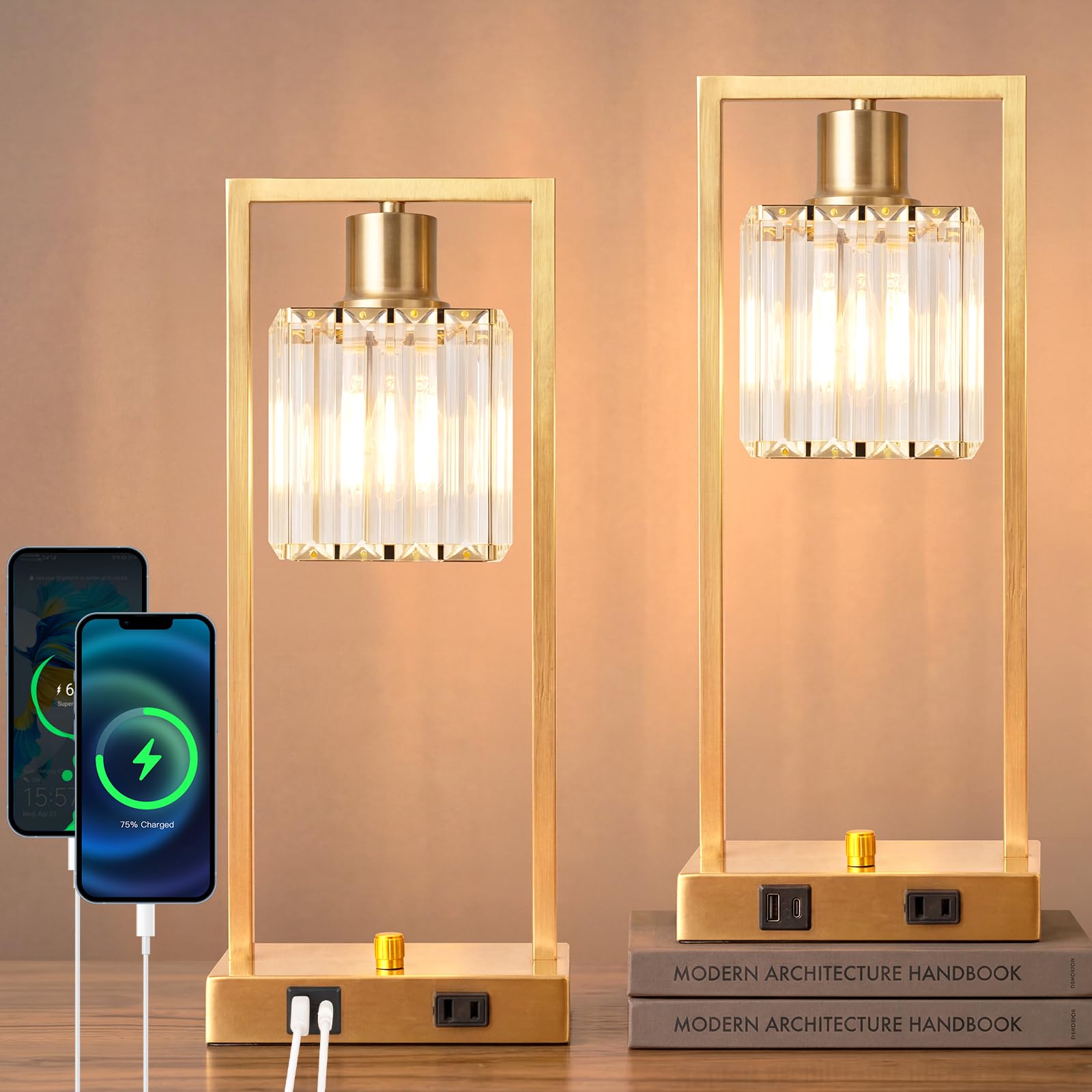 16 Desk Lamps for Home Office, Bedside Lamps with USB C+A Ports and Outlet, Gold Fully Stepless Dimmable Industrial Table Lamps 