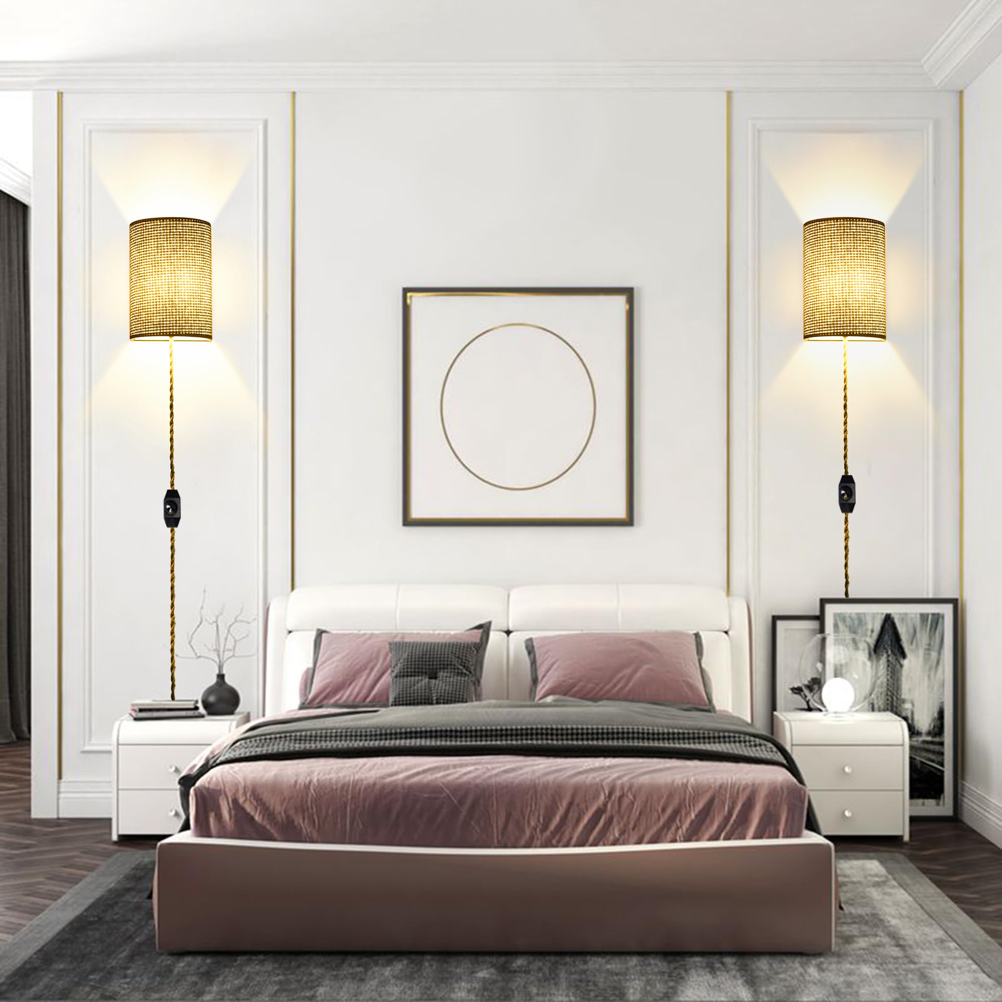 Xininsun Plug In Wall Sconce,Wall Sconces Set Of Two,Wall Lamp With Plug In Cord,Wall Sconce Lighting Dimmable Switch,Rattan Wal