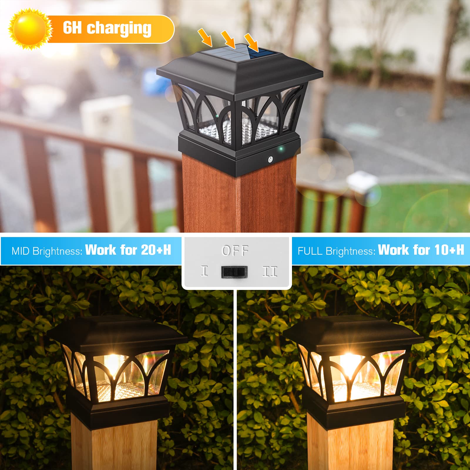 VOLISUN Solar Post Cap Lights 8-Pack, Black, with Edison LED Bulbs, 2 Brightness Settings, Fits 4x4 & 6x6 Posts, Model B0C