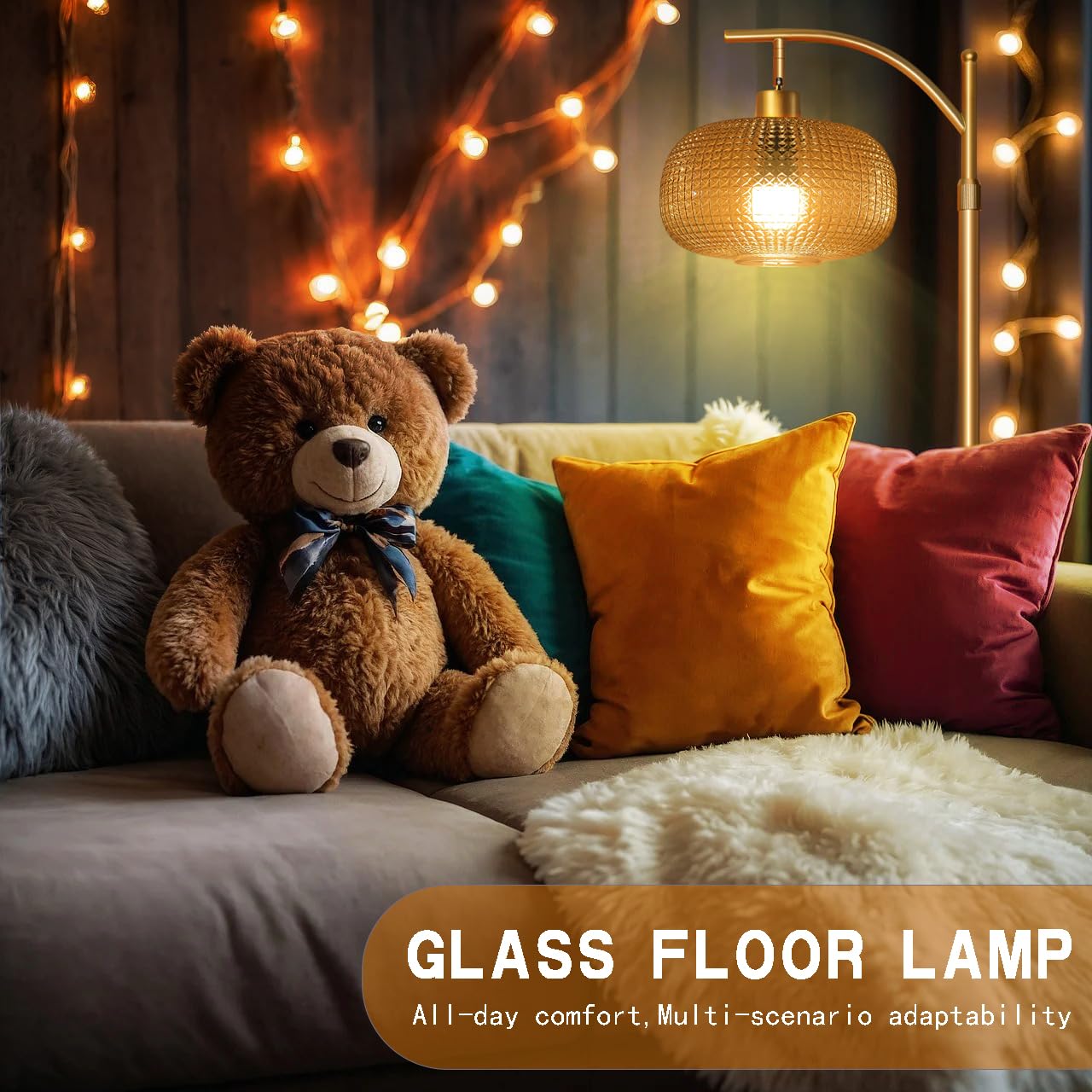 Glass Floor Lamp for Living Room with Amber Glass Lampshade, Dimmable Modern Floor Light with 12W LED Bulb, Remote Control Tall