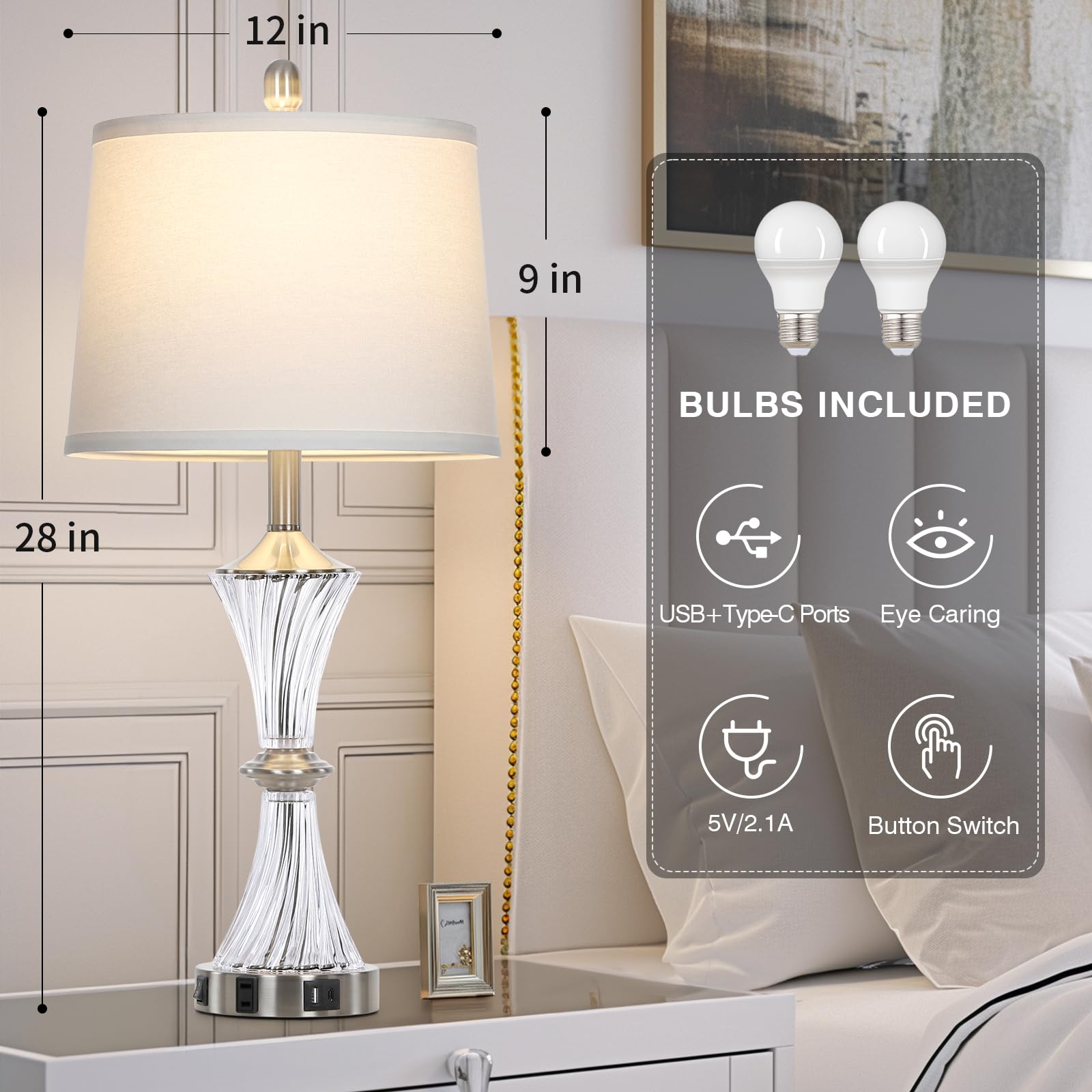 Rinweey Crystal Glass Table Lamp Set of 2 - USB C+A Ports & AC Outlet, Silver Modern Nightstand Lamps with LED Bulbs