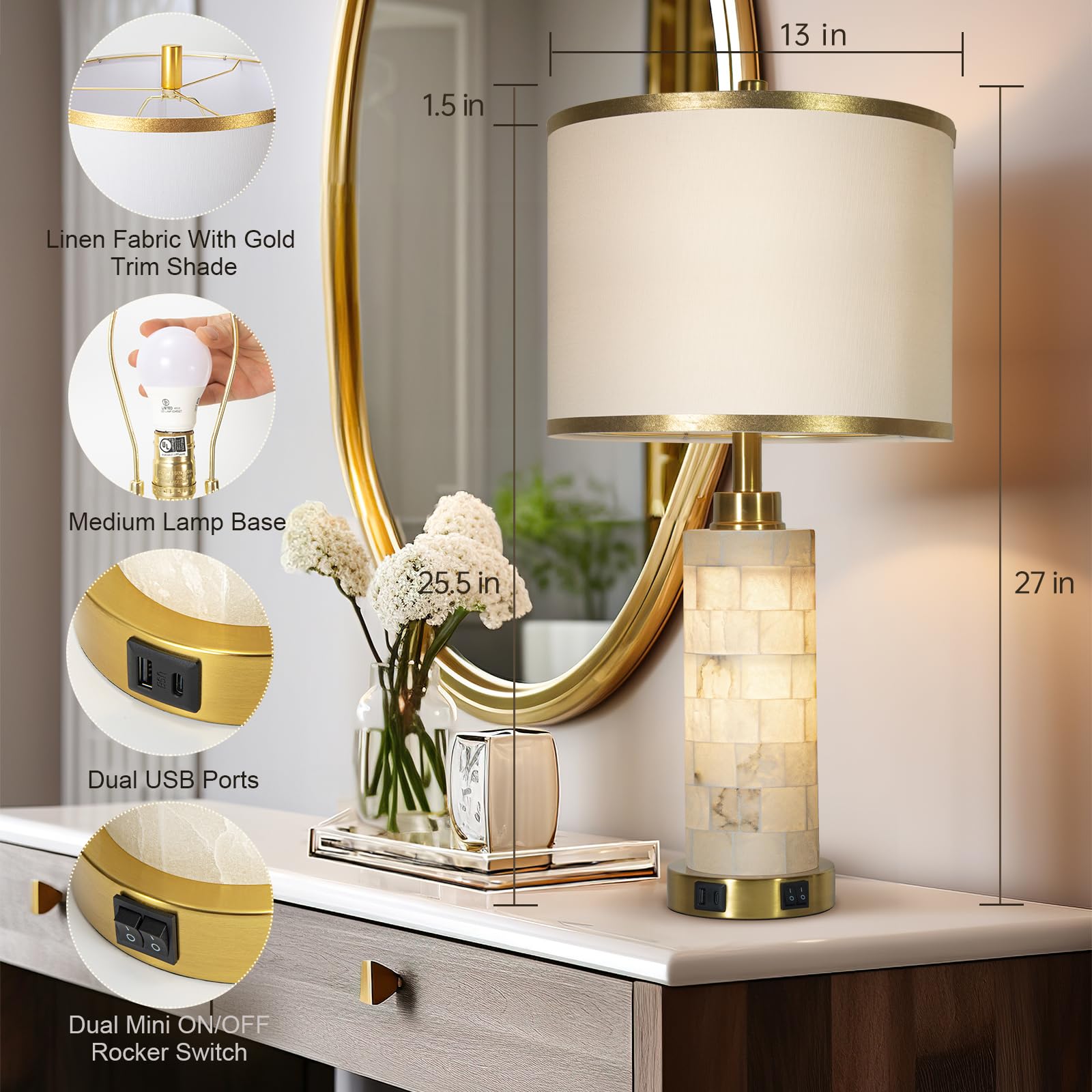 Kivditzo Natural Alabaster Nightstand Lamp Set Of 2 With Usb Ports & Linen Shade, Golden