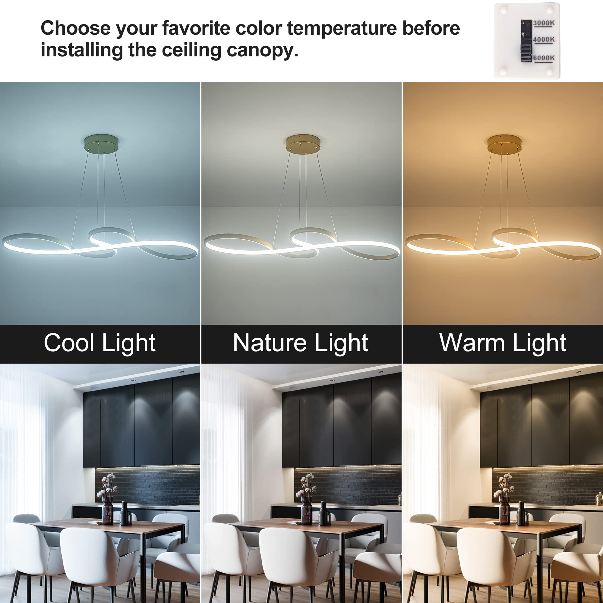 SUNMOO Modern LED Chandelier - Dimmable 60W Lighting Fixture for Dining Room, Kitchen Island, Adjustable, Gold, Model PL21-WGDD-60W-G