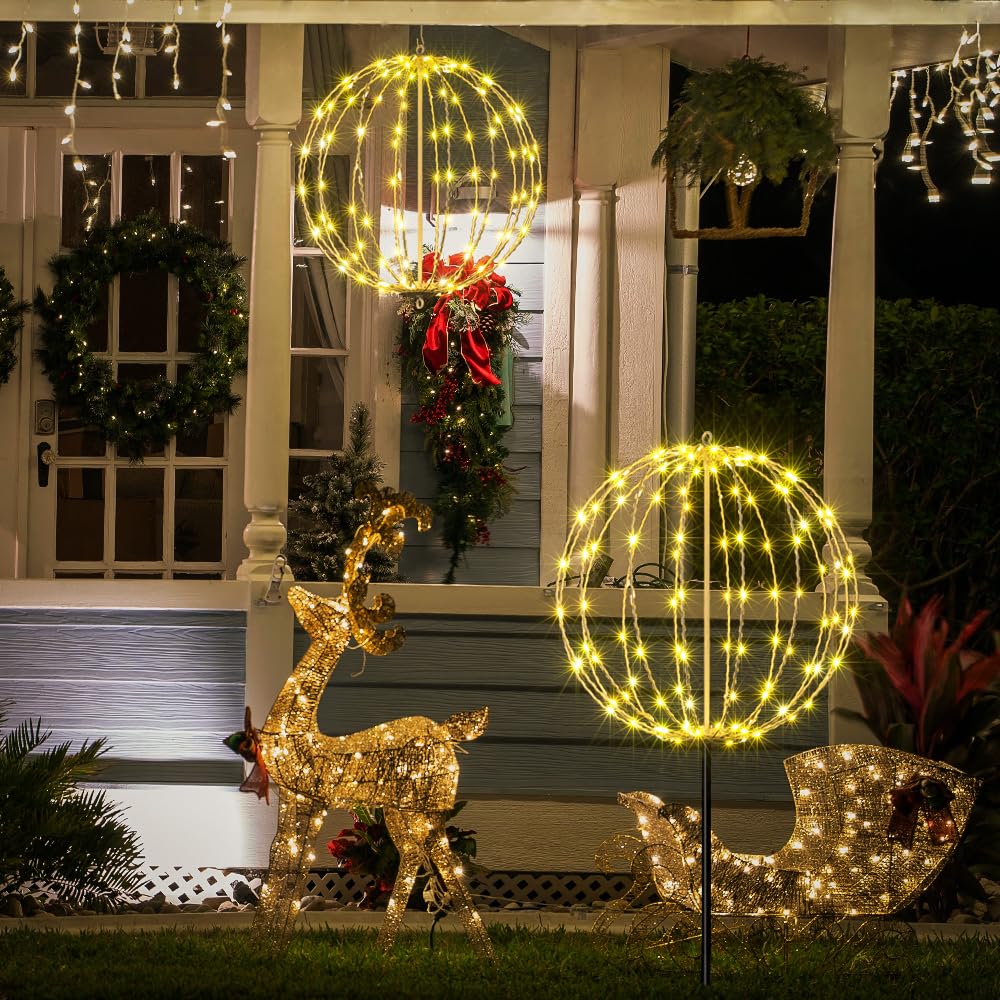 LIGHTSHARE 16IN LED Light Ball Garden Pathway Decoration, Waterproof, White Frame, Warm White Lights
