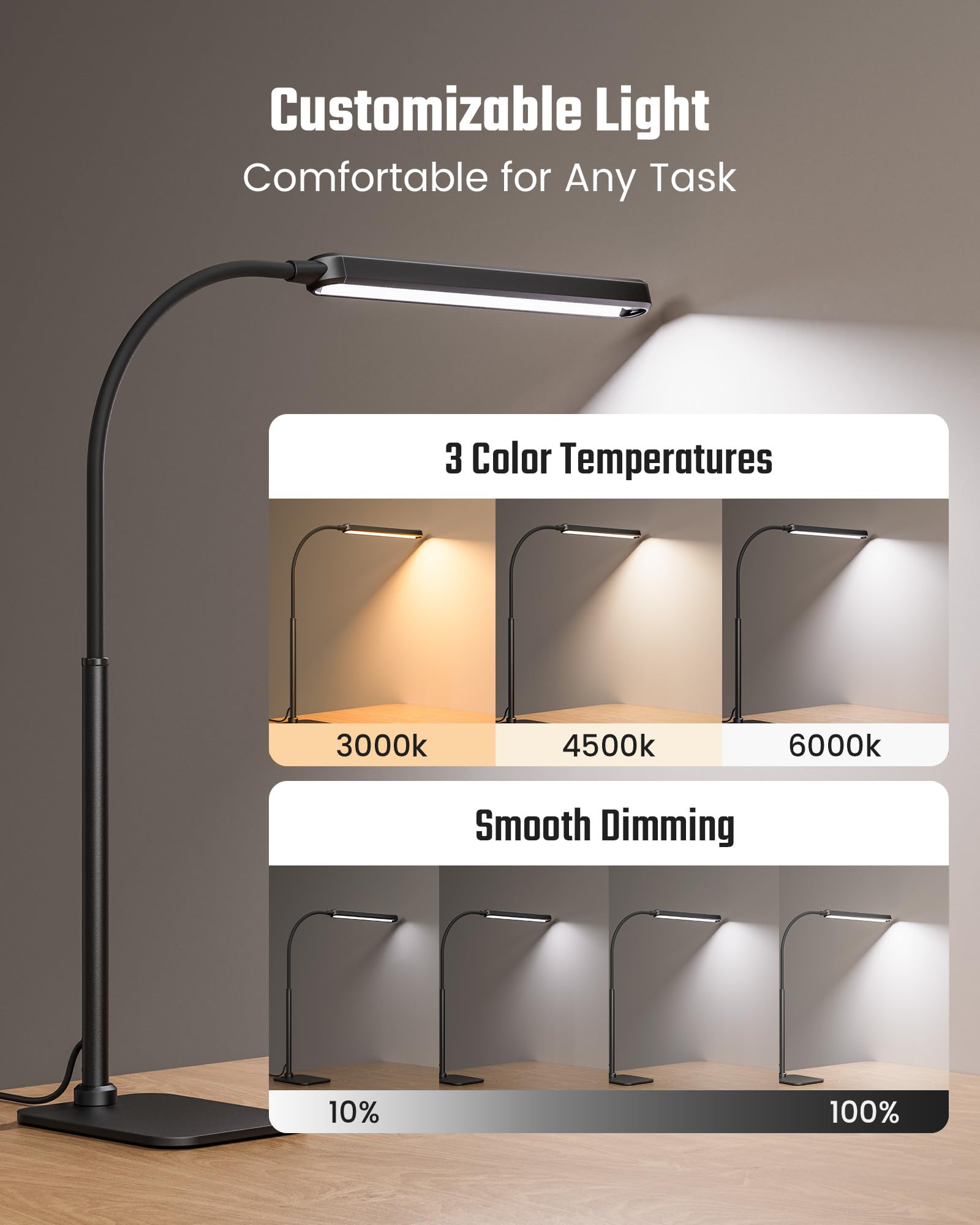 Superdanny Eye-Caring Led Desk Lamp With Base 360?Flexible Gooseneck Work Lamp Touch Control 3 Light Colors Smooth Dimming Task Lighting Reading Light For Home Office College Dorm  Black