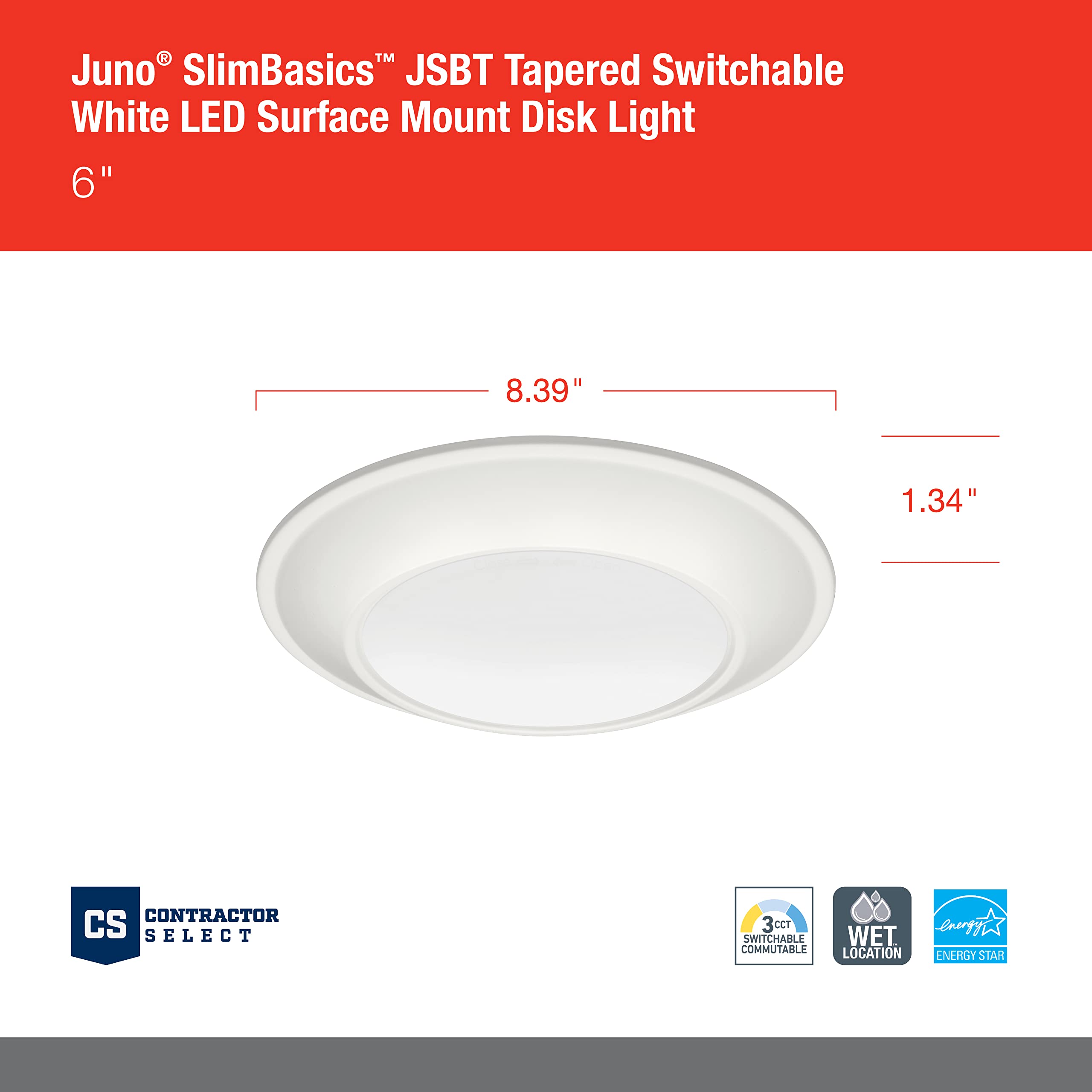 Juno Jsbt 6-Inch Slimbasics Tapered Disk Downlight, Switchable, White (1 Pack)