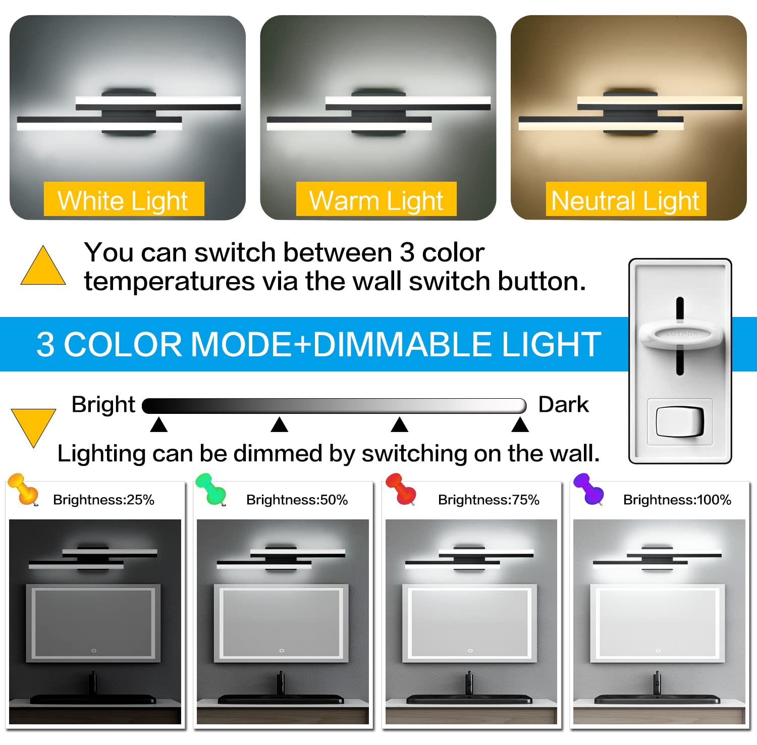 Presde Bathroom Vanity Light Dimmable 3 Colors Changeable 24In Modern Led Matte Black Bathroom Wall Light Fixtures