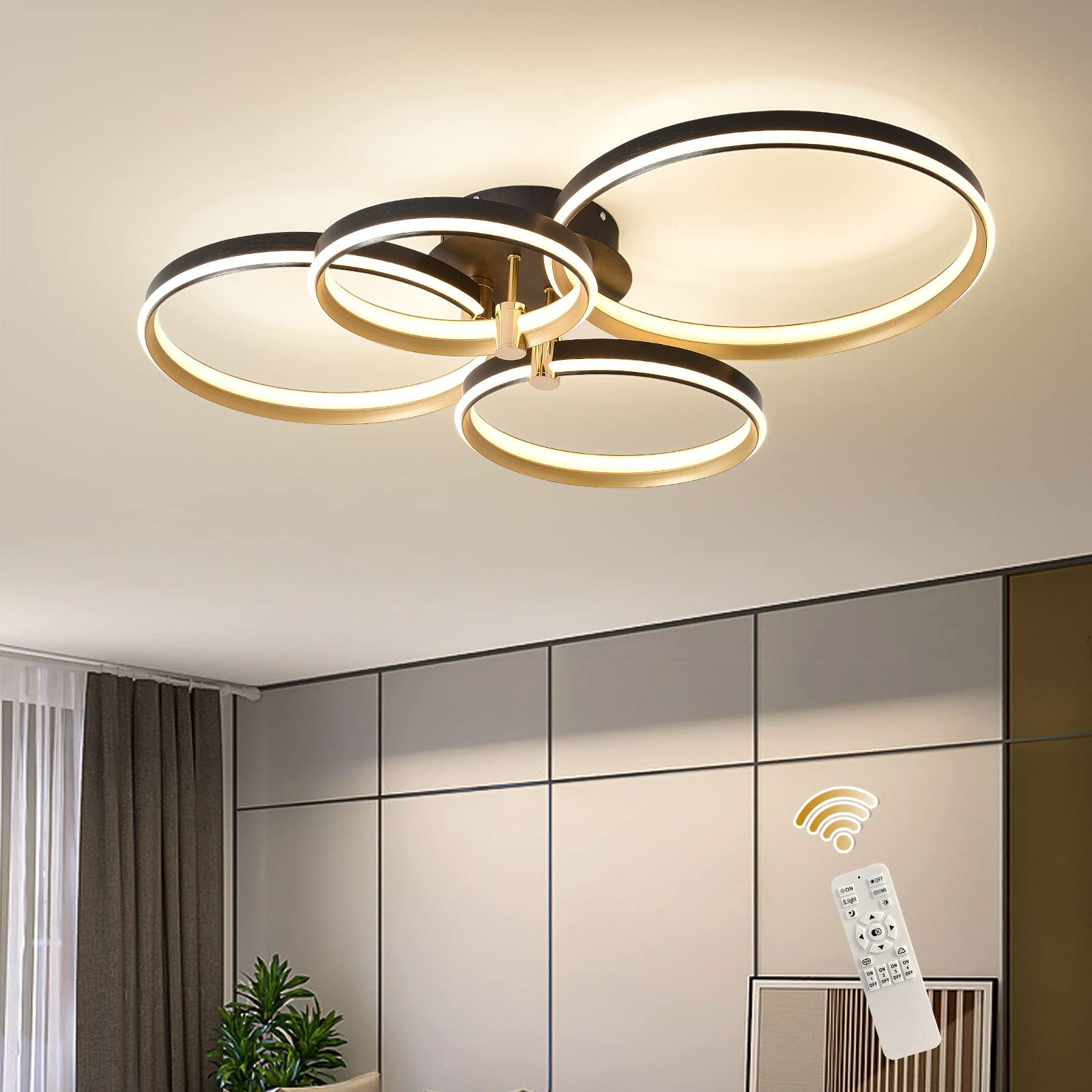Ganeed Dimmable LED Ceiling Light Modern 4 Rings Ceiling Lamp with Remote Control,60W Gold Flush Mount Ceiling Lights for Living