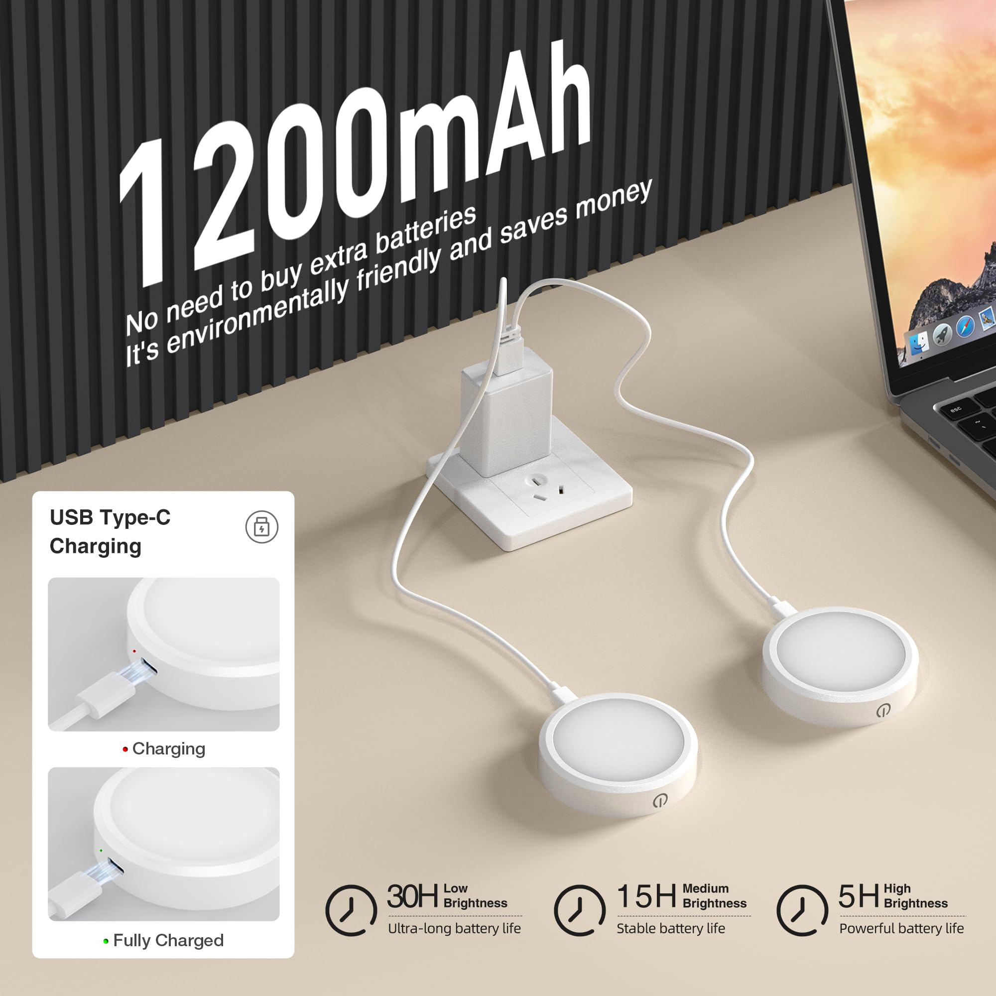 MICLIONLED Rechargeable Puck Lights with Remote Control, 3 Color Temperatures, White, 2 Pack, Model M3-G17, Plastic Material