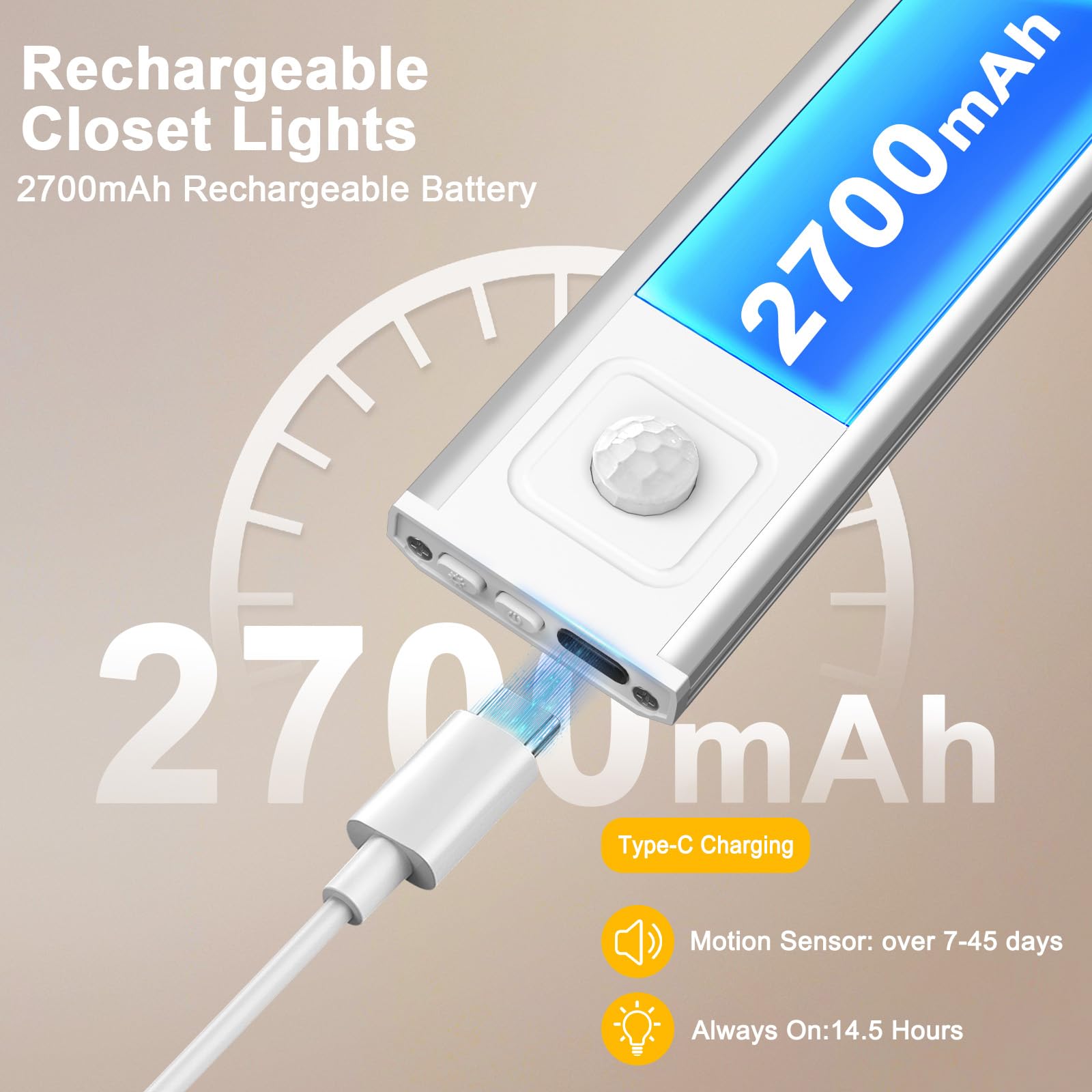 Onforu 13.8 Under Cabinet Lighting  2700Mah Usb-C Rechargeable  Motion Sensor Under Cabinet Lights With 3 Color & Dimmable  Magnetic Under Counter Lights For Kitchen  Closet  2 Pack