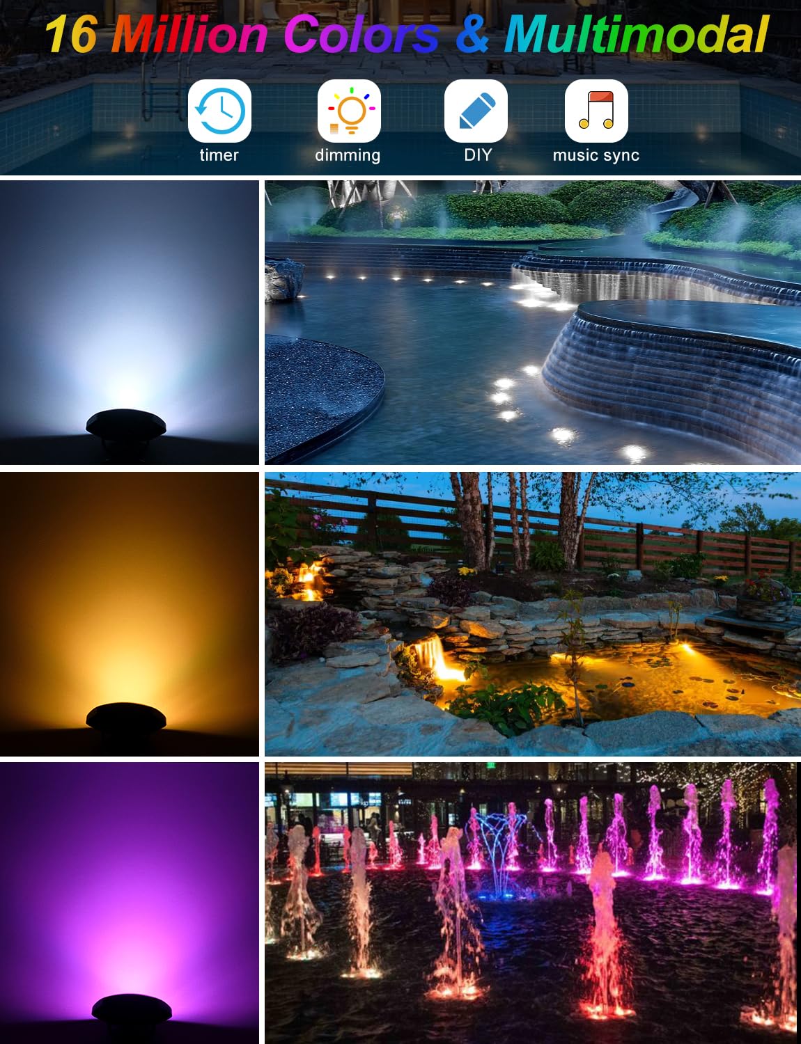 CREPOW RGB Underwater Pond Lights - Super Bright LED Submersible Spotlights, Bluetooth Control, IP68 Waterproof, Set of 2, Multicolor