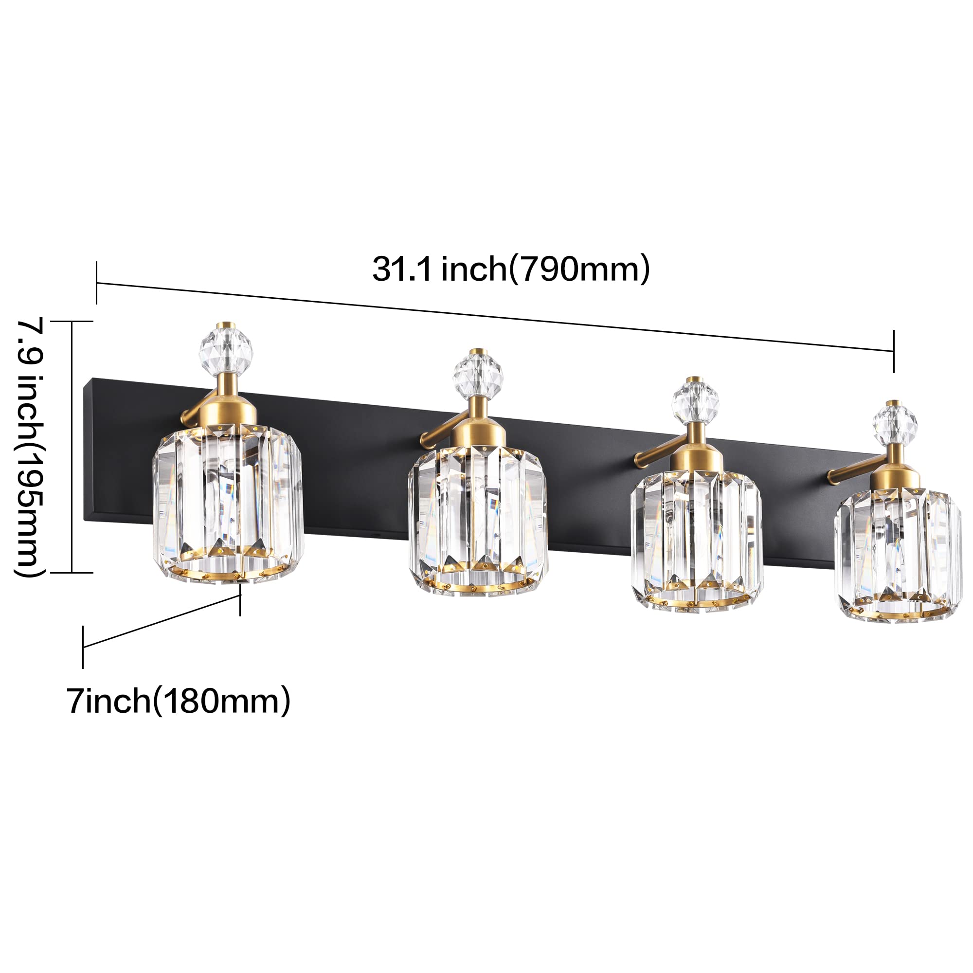 PRESDE Modern Crystal Vanity Light Fixture, 4 Lights, Matte Black and Gold, Bathroom Wall Lighting Over Mirror