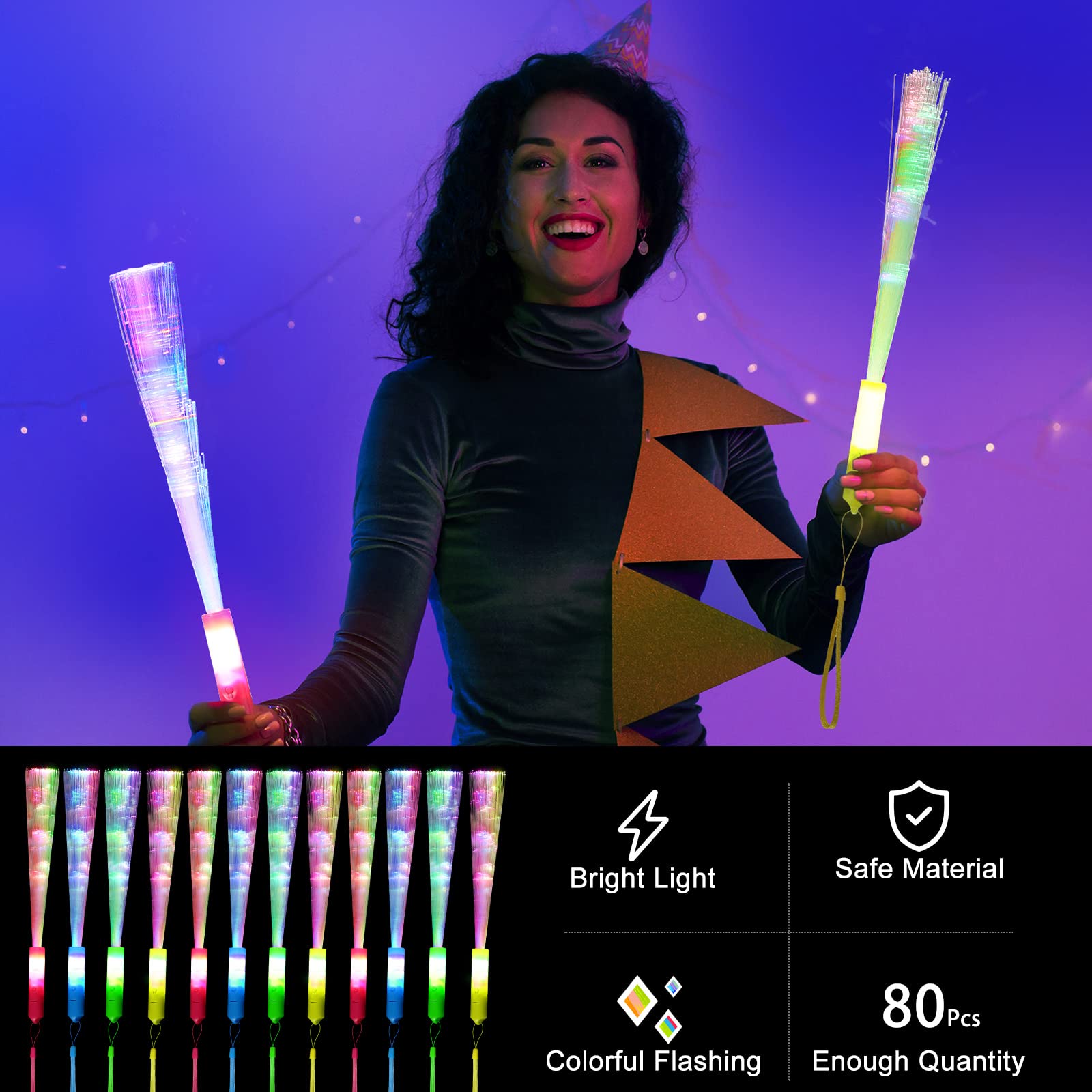 80 Pcs Fiber Optic Wands, Glow Wands Led Wand Light Up Fiber Optic Glow Wands Led Light Up Fiber Optic Stick With Batteries For Kids Birthday Wedding In Dark Party Concerts Clubs (Multicolor Handle)