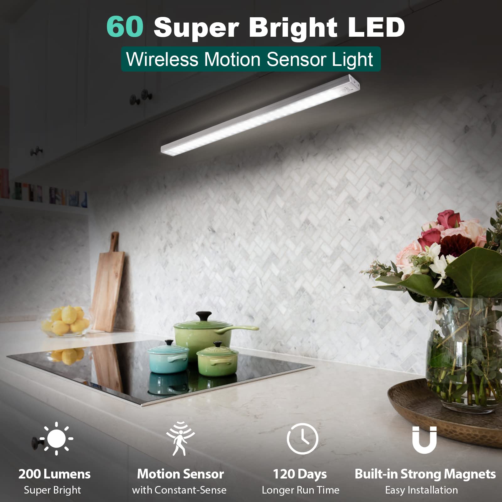 Bls 60 Led Closet Lights Battery Powered Led Lights, Super Bright Under Cabinet Lighting, Wireless Motion Sensor Light Indoor, 2