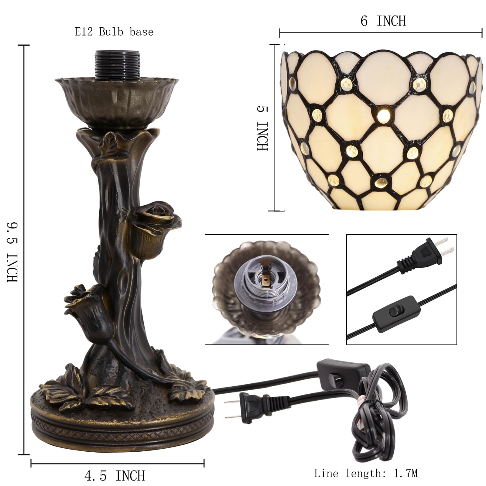 Avivadirect Small Tiffany Lamp Mini Stained Glass Table Lamp Cream Bead Accent Desk Uplight W6 H13.5 Inch Bronze Resin Base