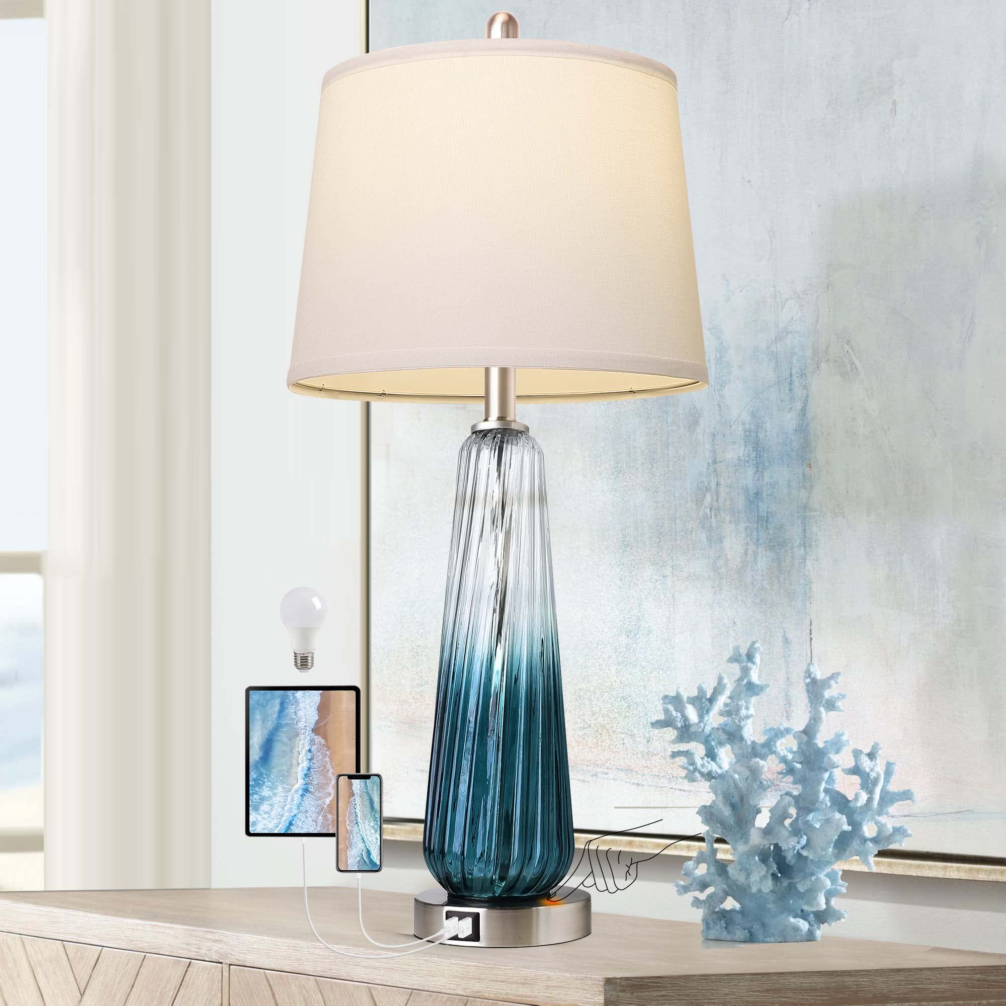 Table Lamps for Living Room with Touch Control, 3-Way Dimmable Bedside Lamps with 2 USB Ports, Modern Glass Nightstand Lamp with