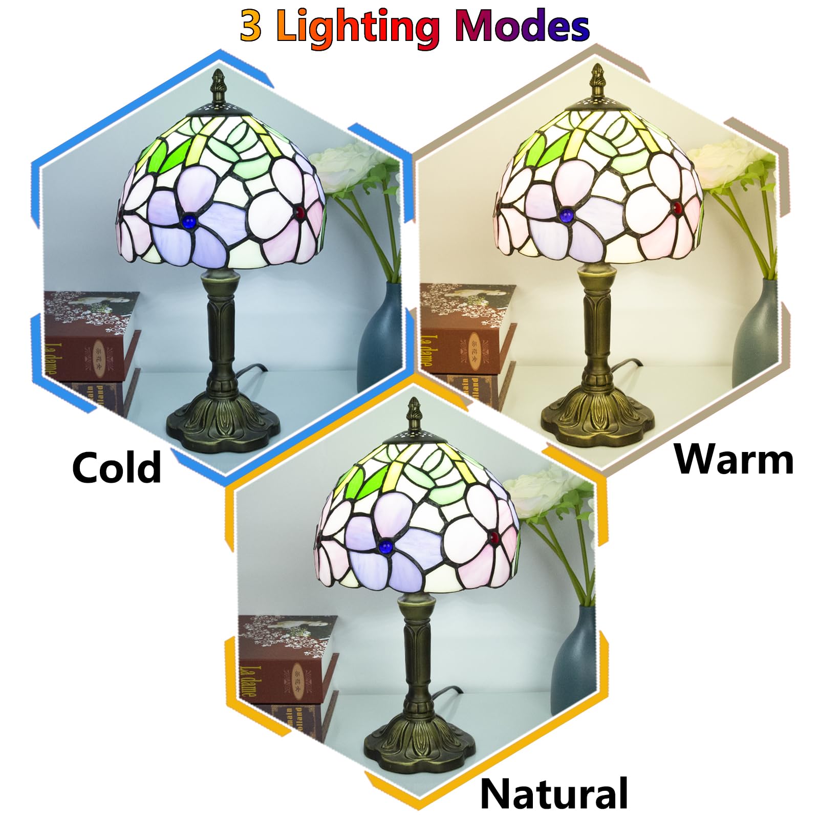 Crefotu Tiffany Style Table Lamp, 8 Inch Stained Glass, 3 Color Temperatures, 4 Flower Pattern, Model CFLP-0001