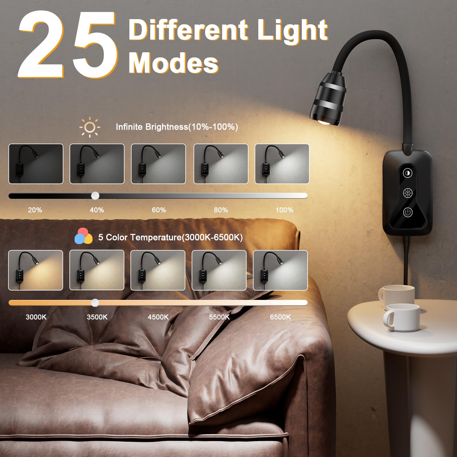 HUAEU Wall Mounted Reading Light, LED Dimmable Touch Control, Flexible Gooseneck, 2 Pack, Black, Model XCWL001