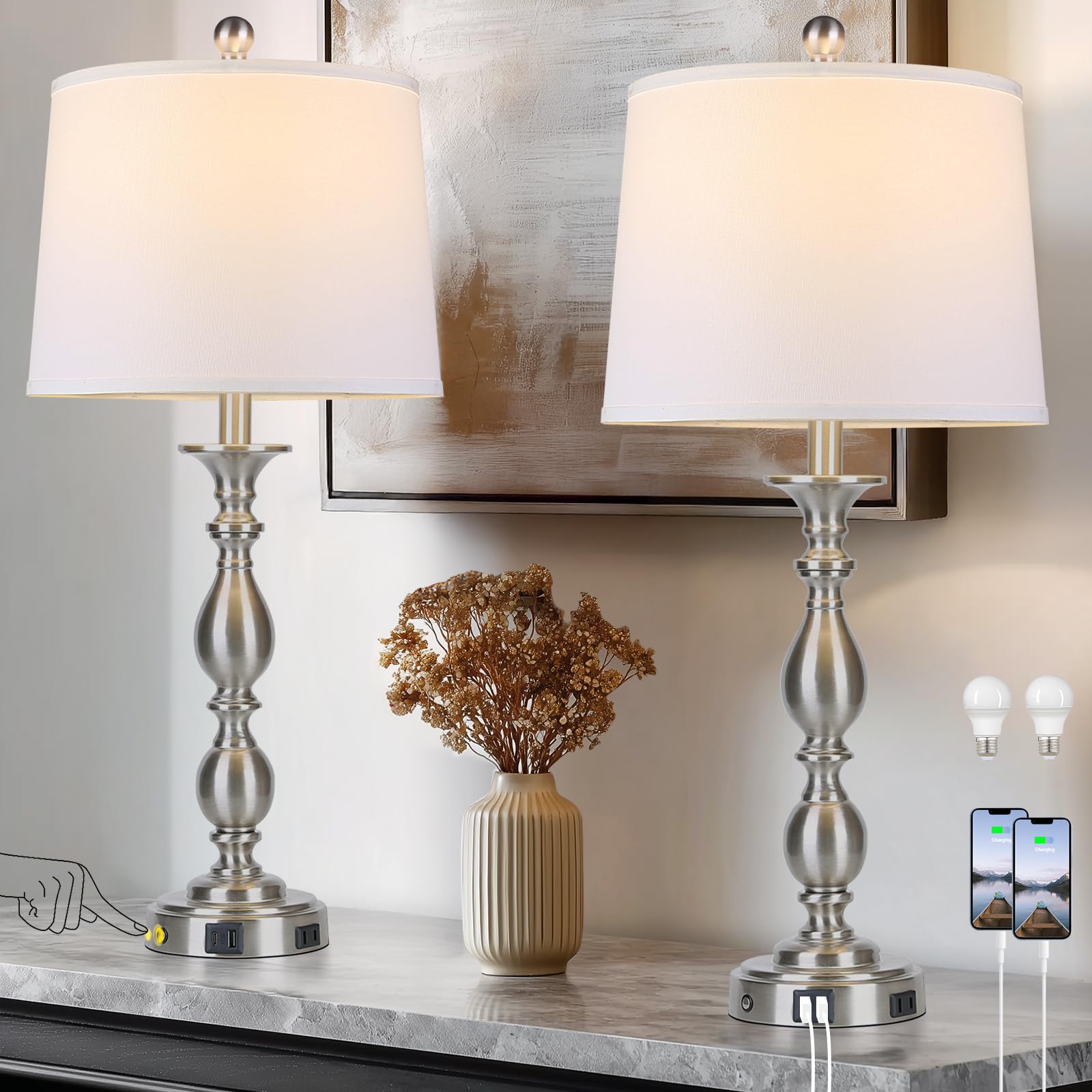 MOUVOVO 28 Tall Modern Table Lamps Set of 2 with USB A+C Ports and AC Outlet  3 Way Touch Metal Bedside Lamps for Bedroom  Silver Farmhouse Nightstand Lamps for Living Room
