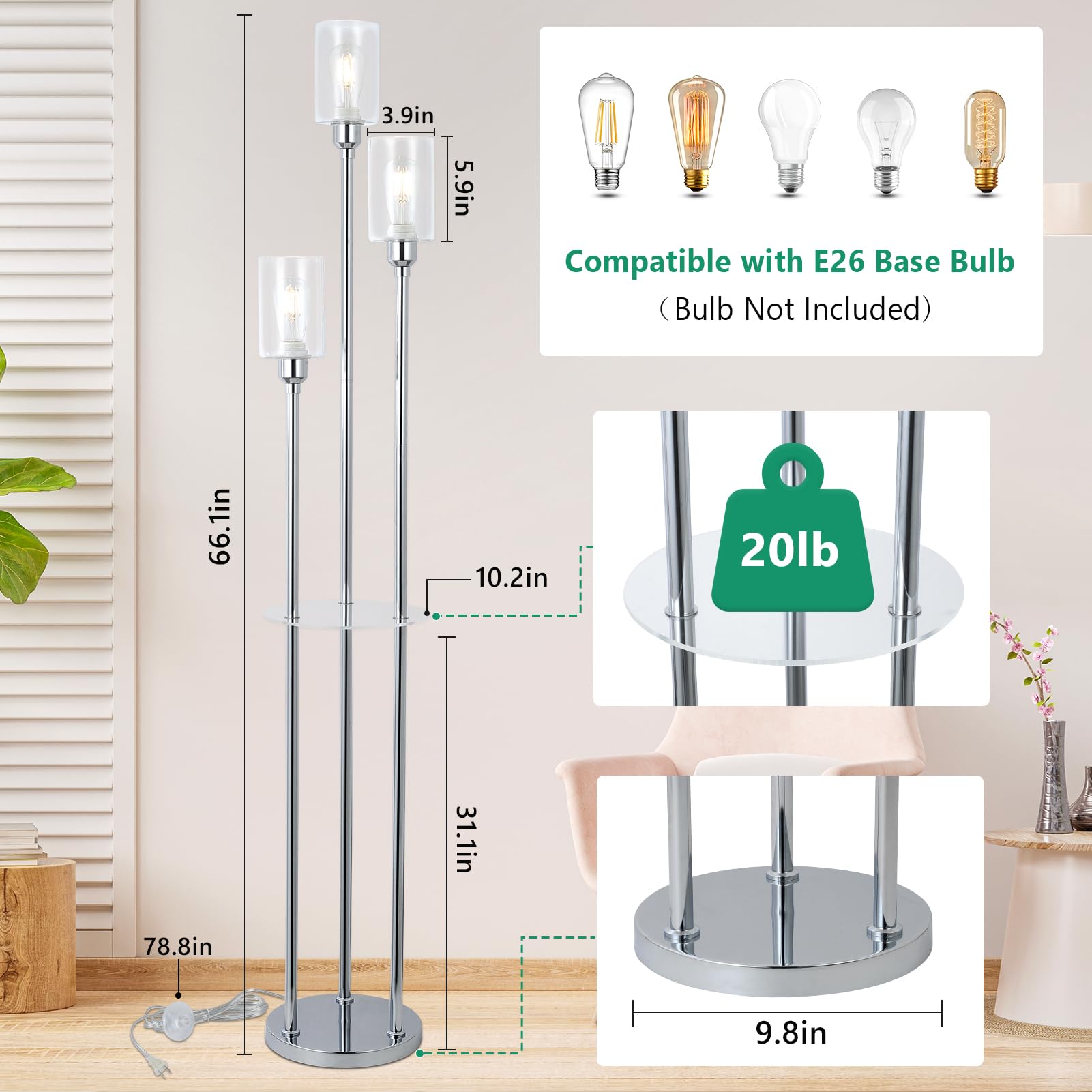 Hmvpl Modern Floor Lamps For Living Room, Silver Floor Lamp For Bedroom With Acrylic Shelves, 3-Light Chorme Standing Lamp With
