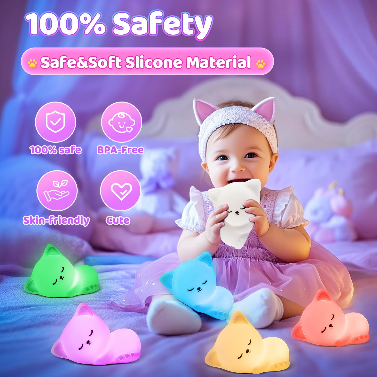 Mubarek Cat Night Light for Kids, Dimmable 16 Colors, Rechargeable, Soft Silicone, Small Size