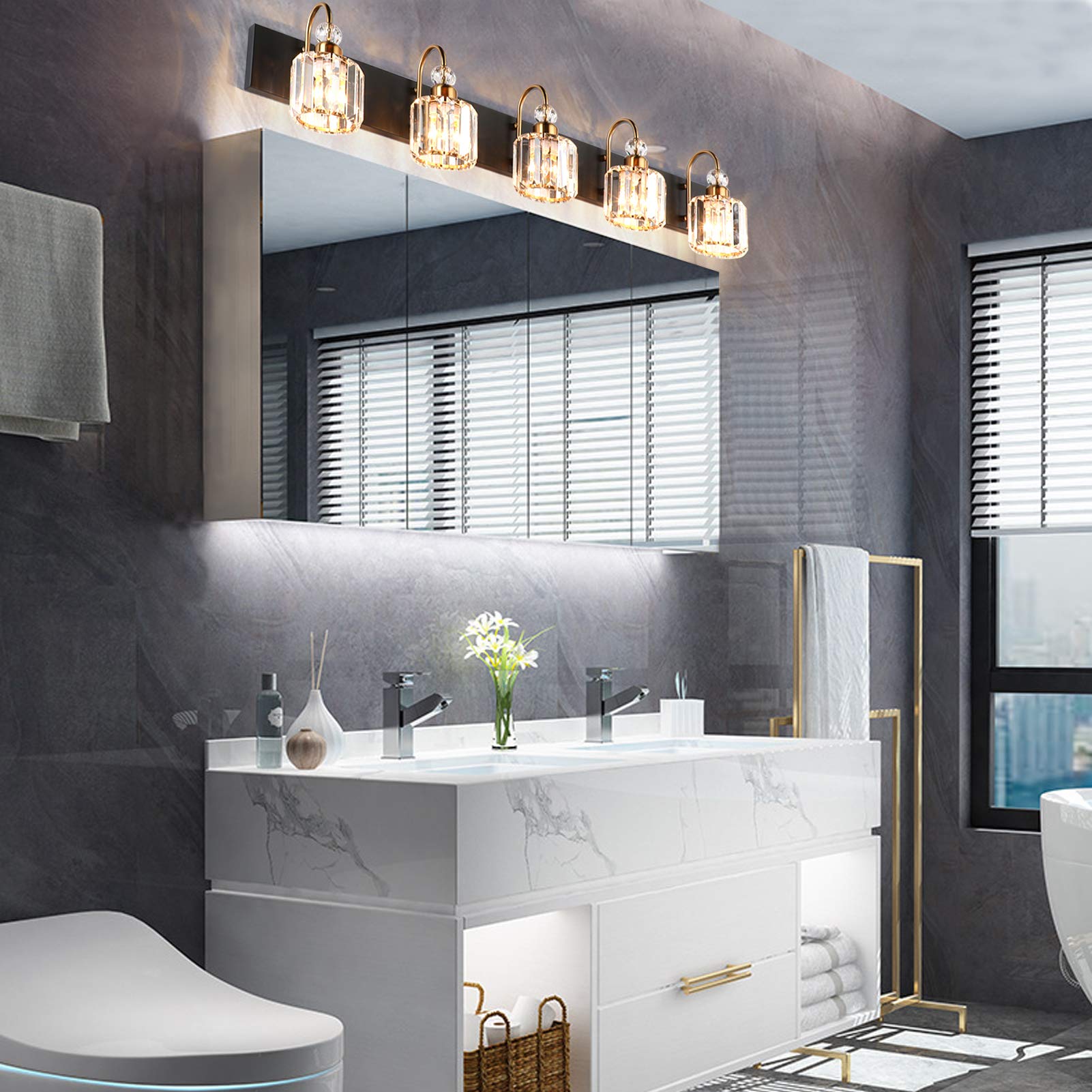 Ralbay Modern Bathroom Vanity Light Fixture, 3-Lights, Black Metal & Crystal, Hj-8600-3T