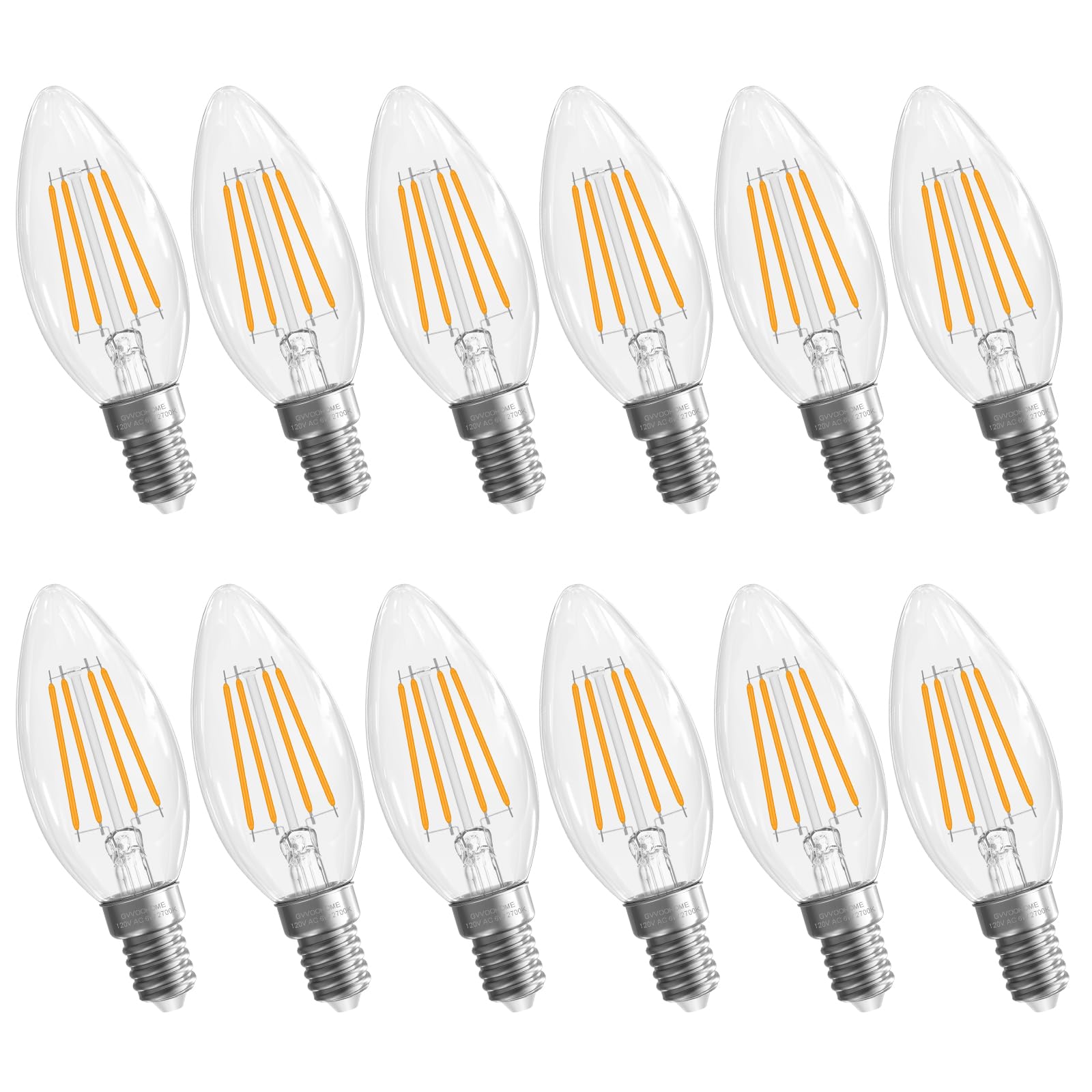 GvvooHome E12 Candelabra Bulb 2700K Soft White  6W Equivalent to 60 watt  E12 LED Bulb Non-Dimmable  Chandelier Light Bulbs  B10 Candle Light Bulbs  90+CRI  600LM  Cear Glass  12 Pack