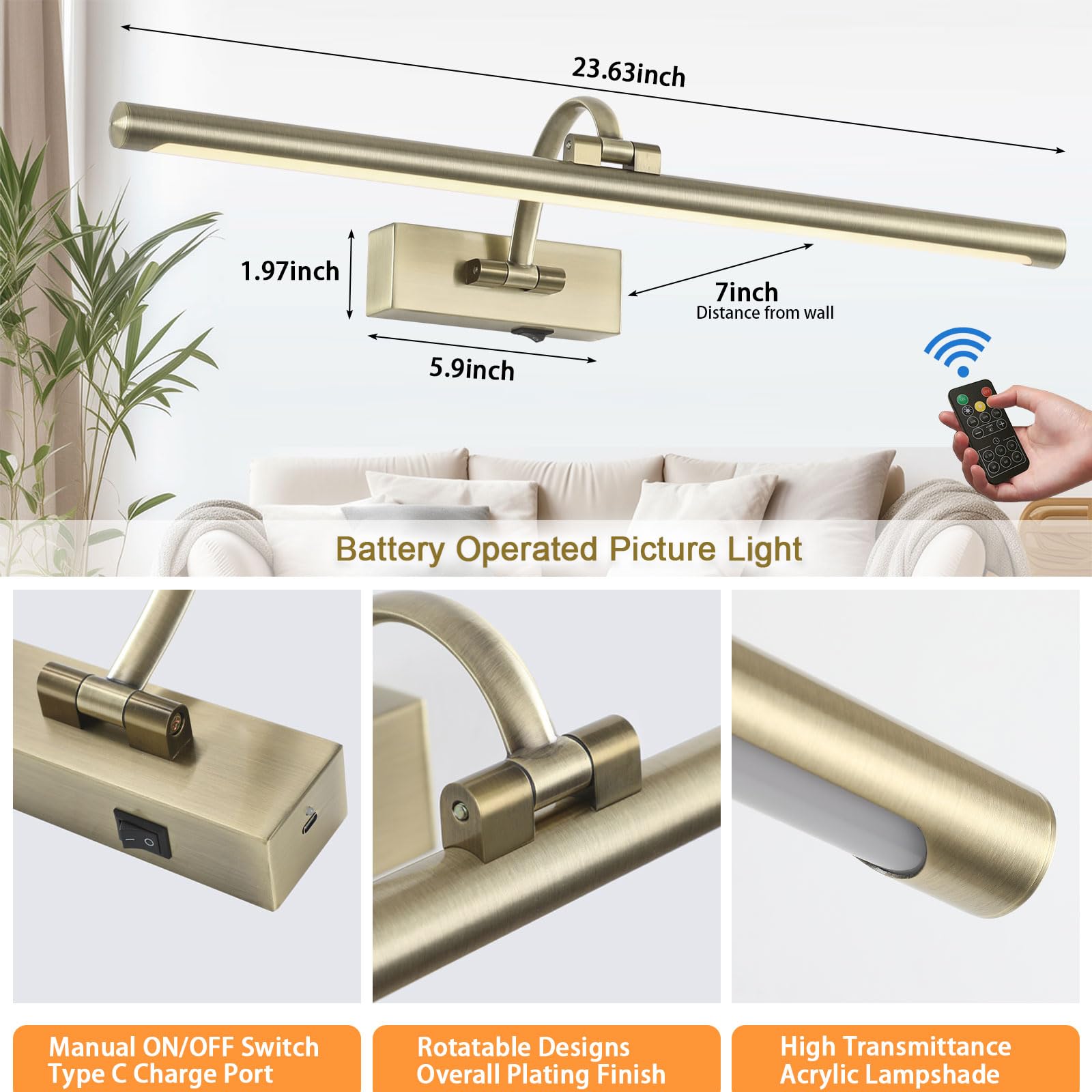 Tassuowell Antique Bronze Picture Light, 23.6 Inch, Remote Control, Dimmable, Rechargeable, Model 7115
